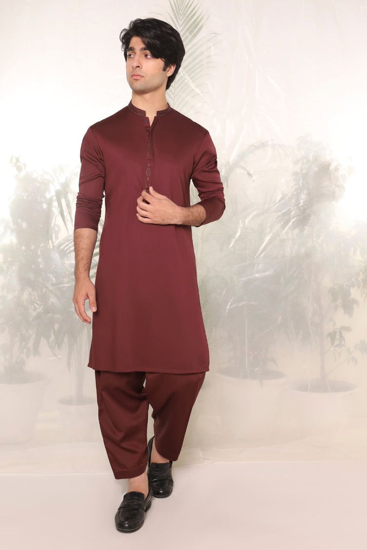 Elegant Blended Maroon Kameez Shalwar by J. Junaid Jamshed - Traditional Pakistani Outfit for Weddings & Festive Occasions