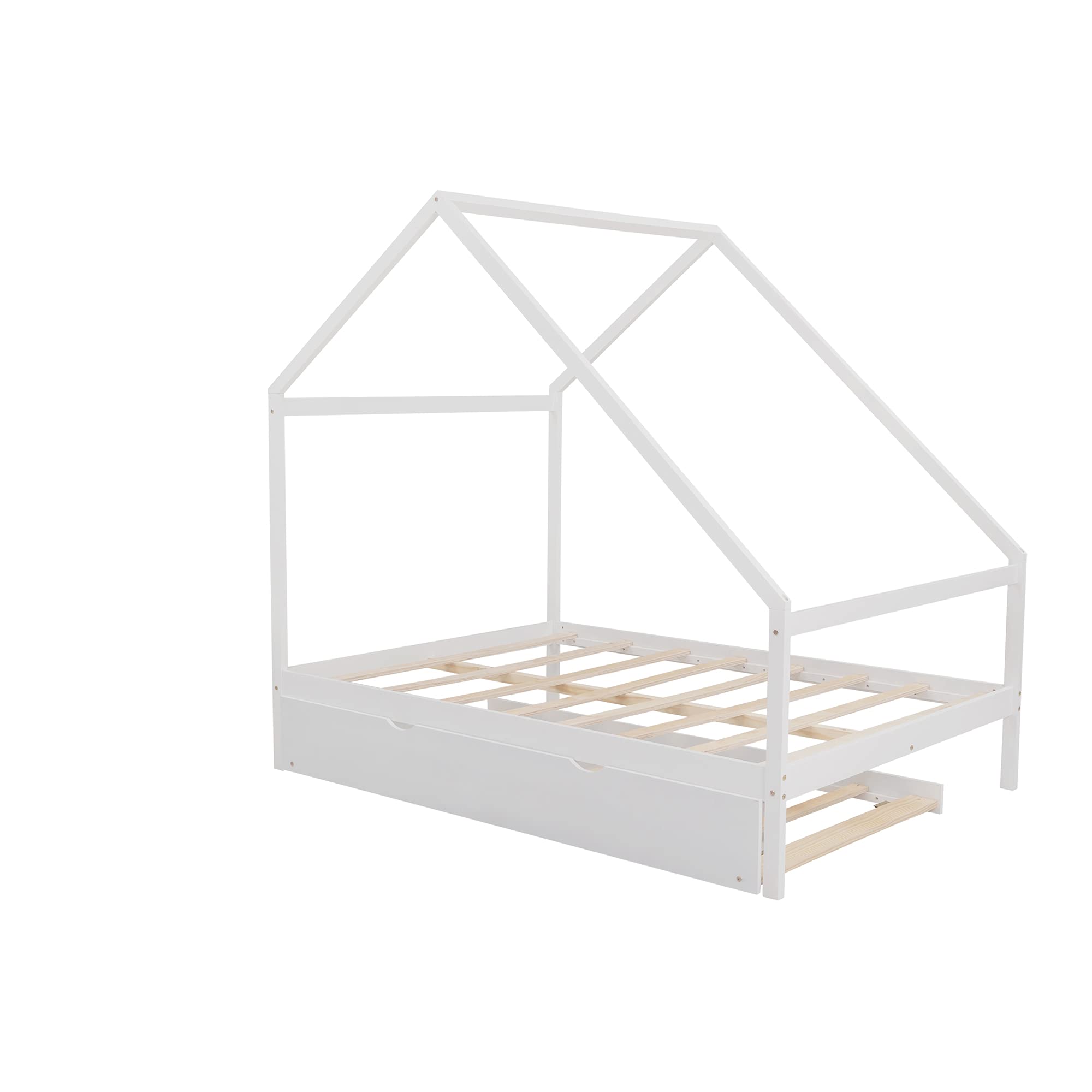 **Solid Wood House Bed Frame - Full Size Daybed with Twin Trundle, Platform Bed with Roof for Kids, Teens & Toddlers - White - Perfect for Bedrooms, Playrooms & Sleepovers**