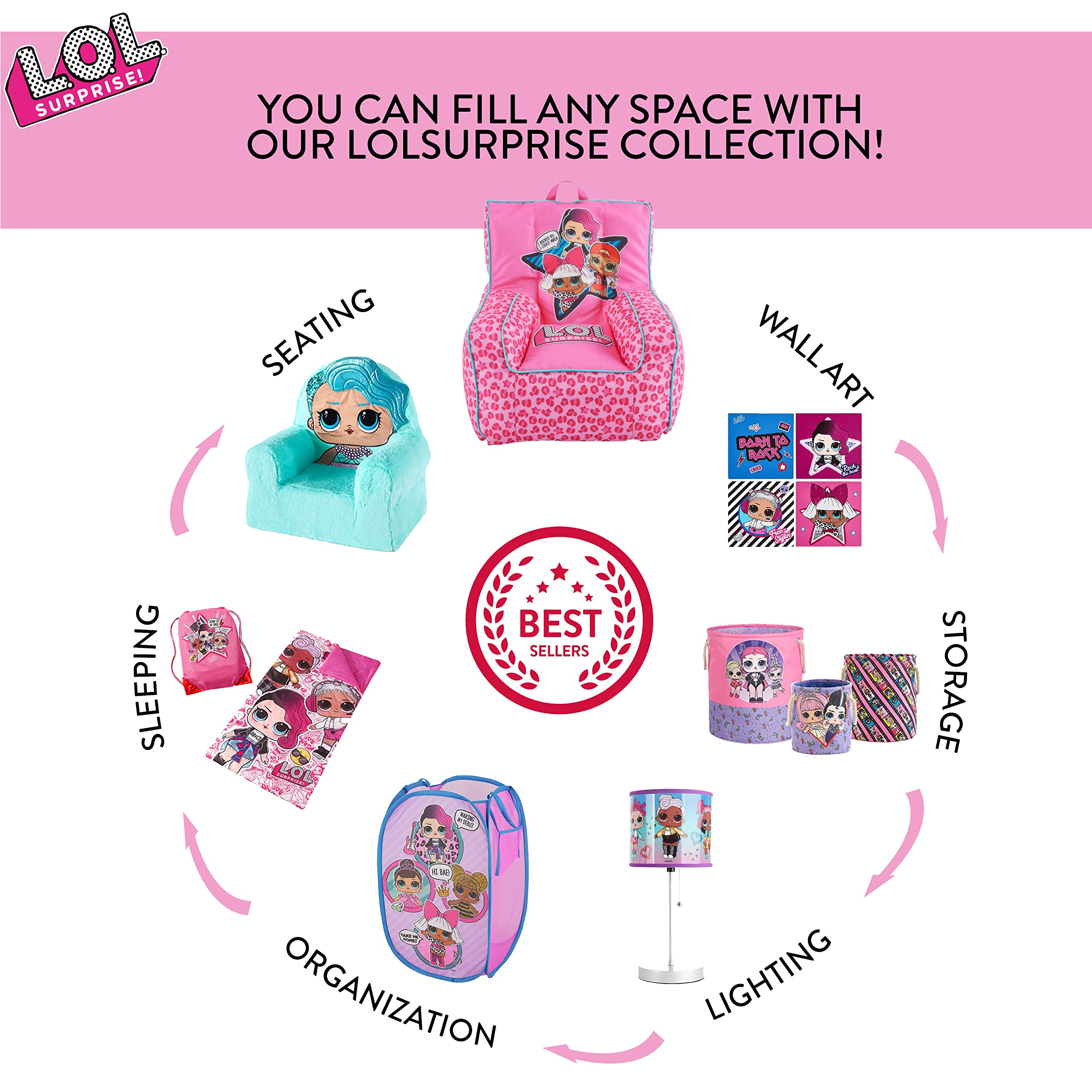 LOL Surprise 3-Piece Kids Furniture Set - Foldable Table with Storage & 2 Chairs, Collapsible Ottoman Seating for Playroom, Bedroom & Birthday Parties