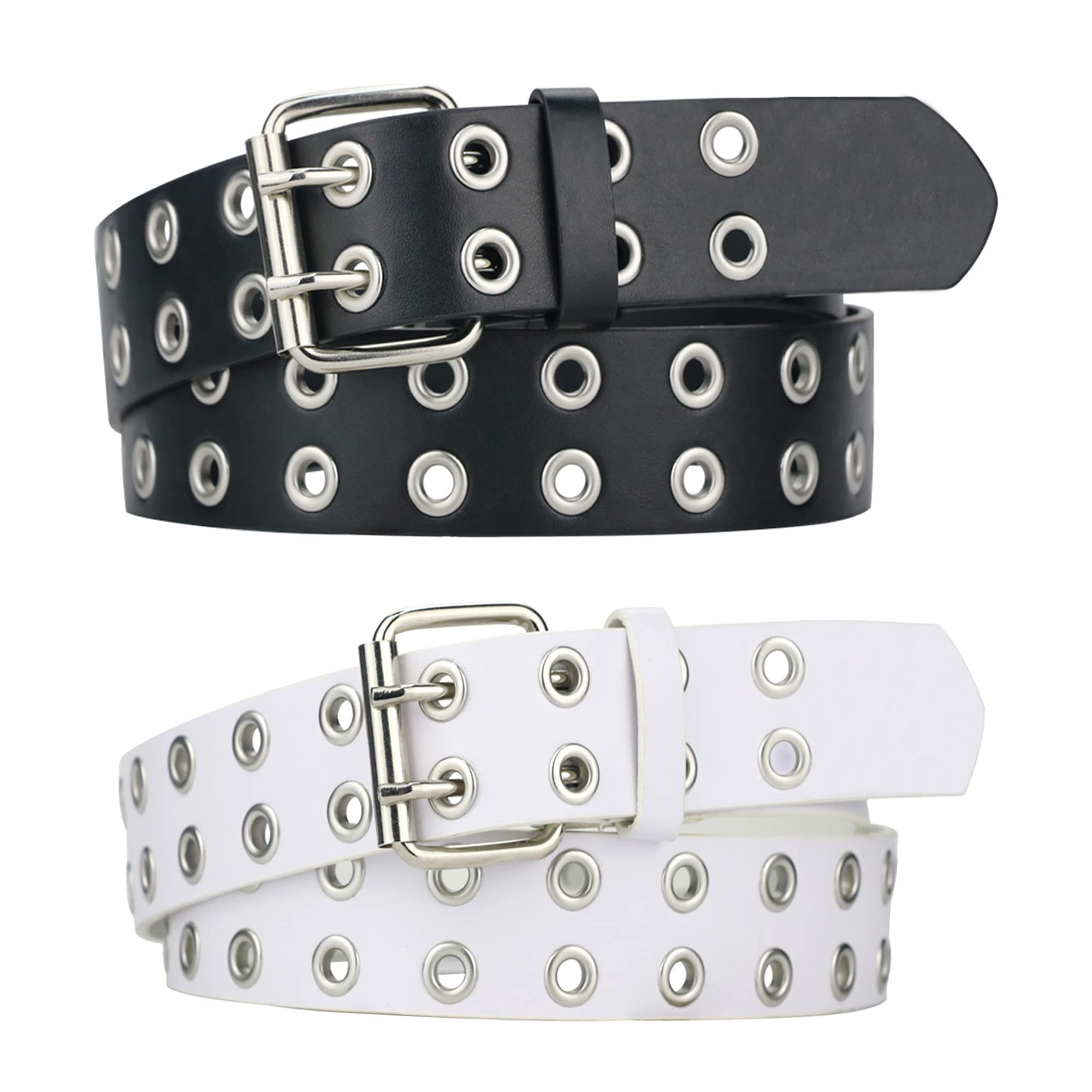 Women's Grommet Leather Belt - Adjustable Double Hole Design for Women & Men, Black Genuine Leather Belt for Casual, Office & Everyday Wear