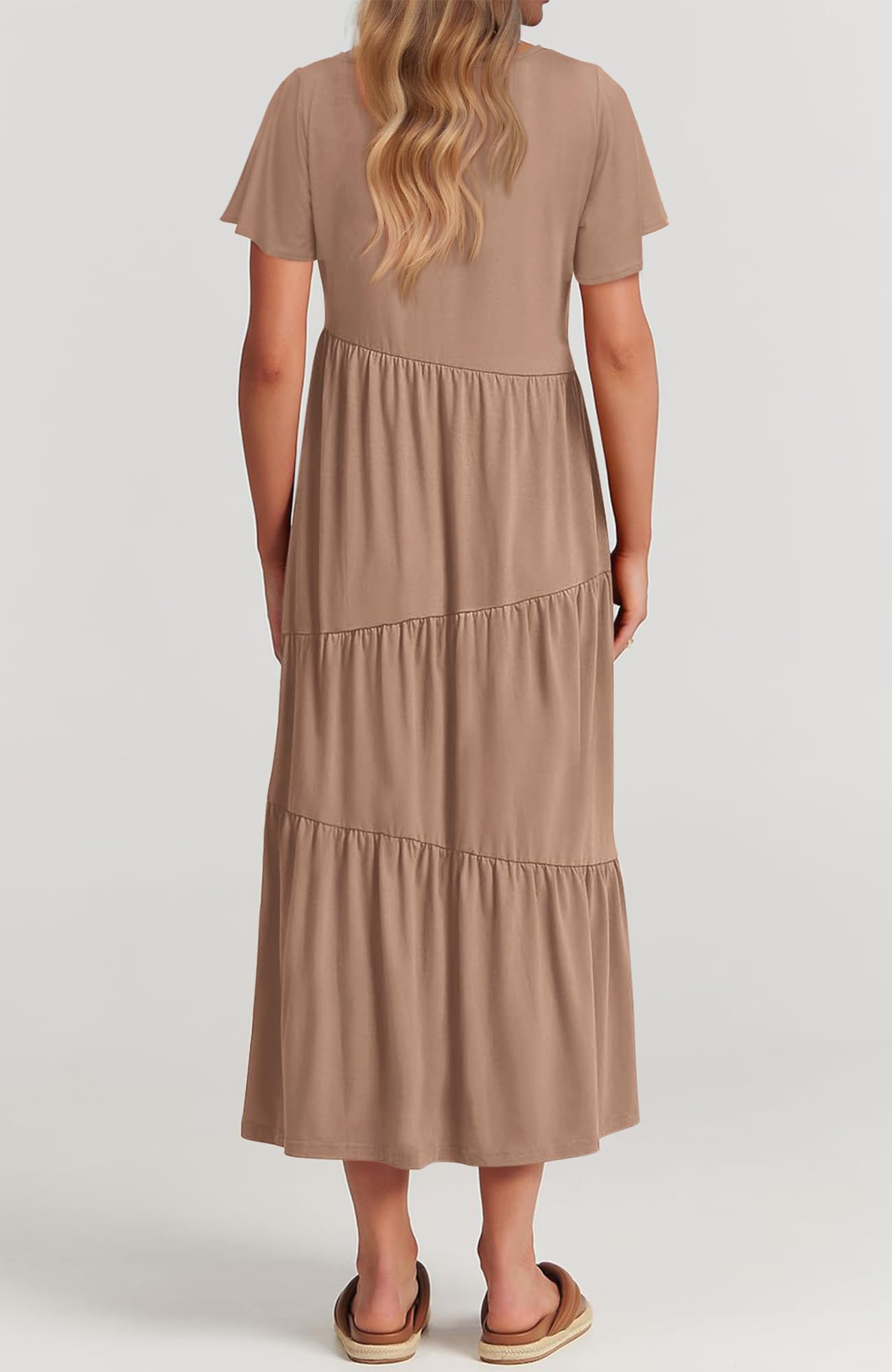 BTFBM Women's Summer Casual Short Sleeve Maxi Dress - Crewneck Solid Color Wedding Guest Dress with Pockets | Perfect for Beach Vacations, Garden Parties & Date Nights