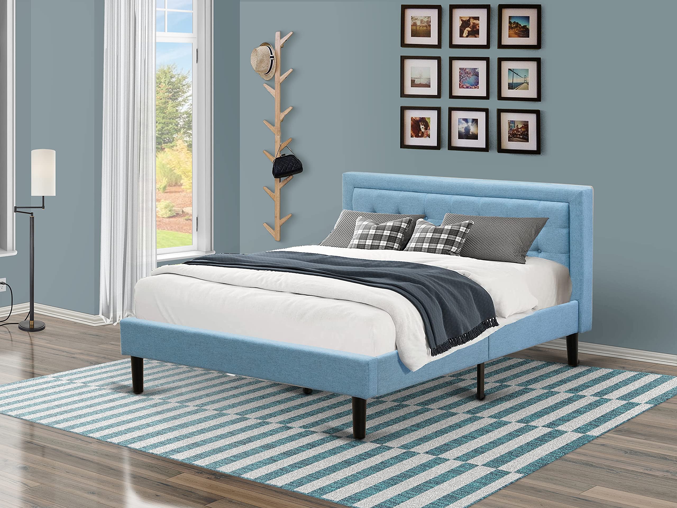 East West Furniture FNF-11-Q Queen Size Upholstered Platform Bed - Denim Blue Linen Fabric with Button Tufted Headboard & Black Legs | Modern Bedroom Furniture for Master Bedroom, Guest Room & Apartment