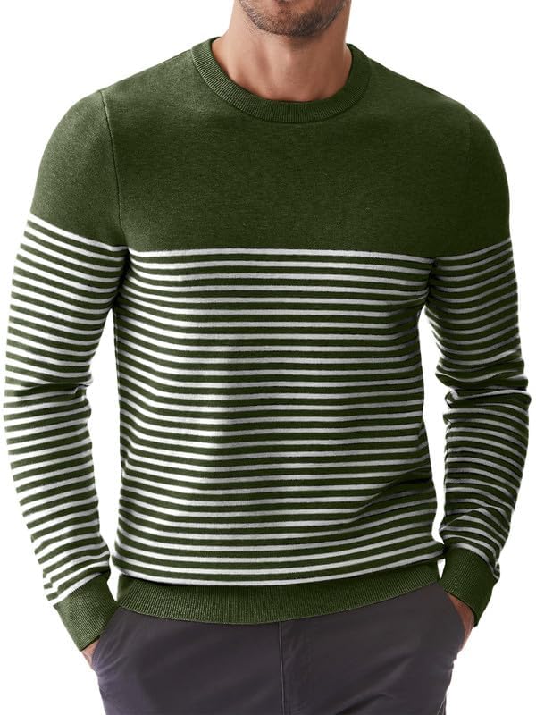 Men's Slim Fit Striped Knit Crew Neck Sweater - Casual Long Sleeve Pullover for Fall & Winter - Perfect for Office, Dating and Weekend Outings