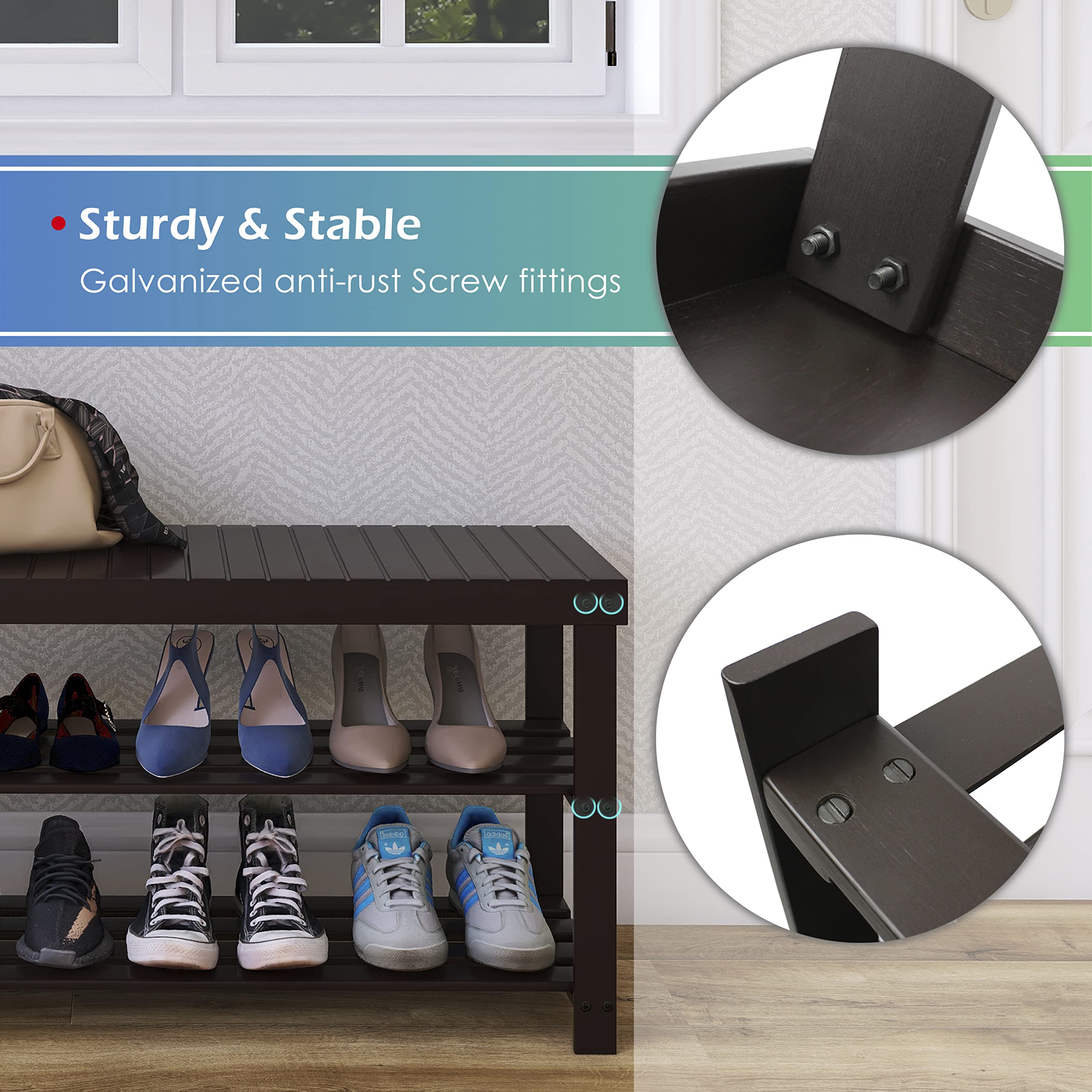 SMIBUY 3-Tier Bamboo Shoe Rack Bench - Sturdy Shoe Organizer & Storage Shelf for Entryway, Hallway, Bathroom, Living Room (Dark Brown) | Space-Saving Furniture for Small Apartments & Home Organization