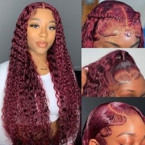 Burgundy Deep Wave Lace Front Wigs Human Hair