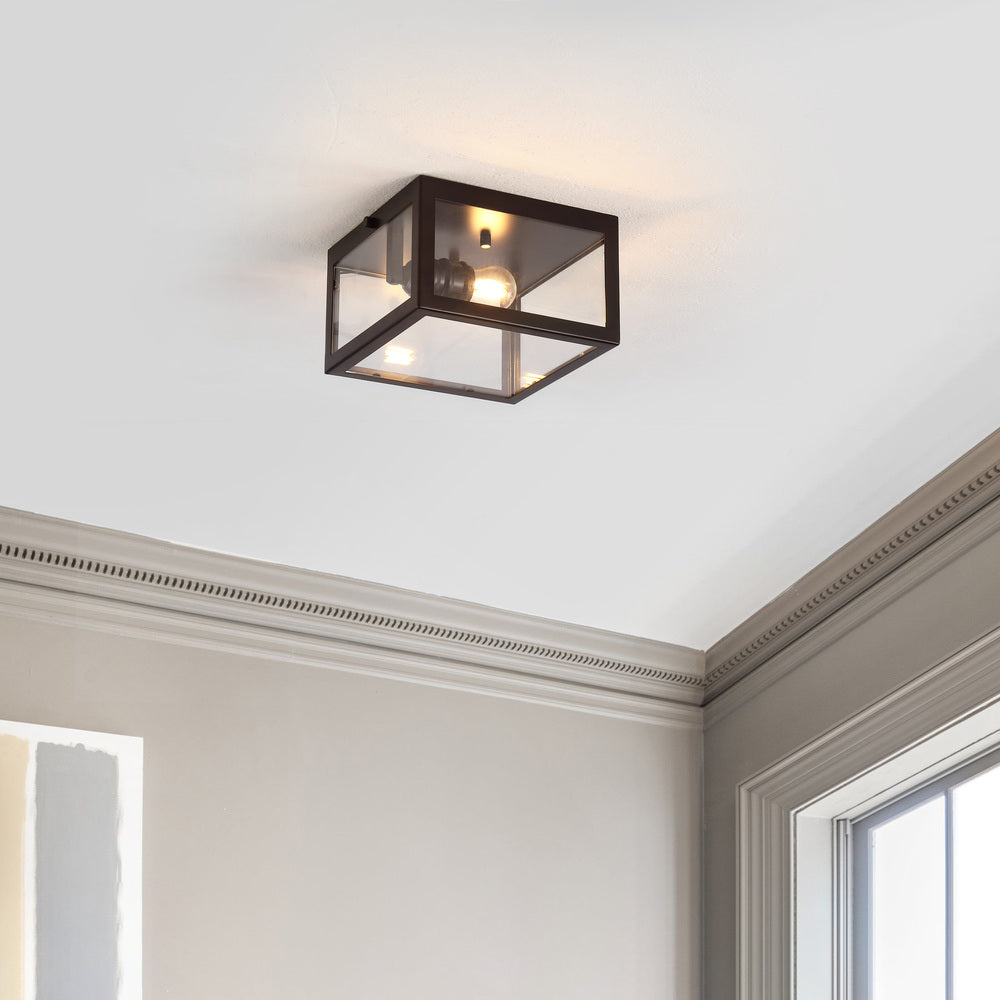Farmhouse Industrial Square Iron and Glass LED Flush Mount Ceiling Light - 8 Inch, Rustic Modern Lighting for Kitchen, Dining Room, Bedroom, or Entryway