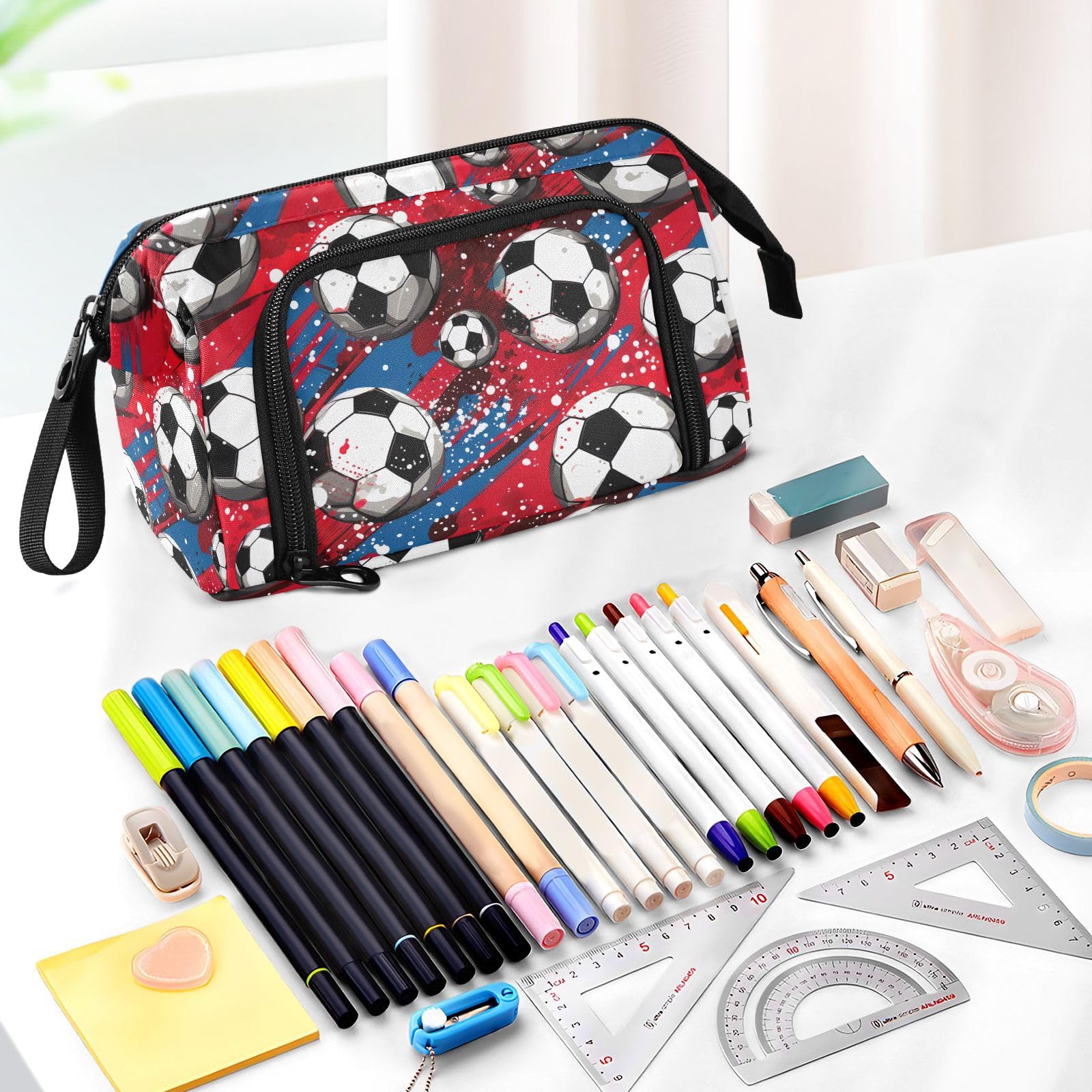 Premium Red Soccer Ball Design Large Capacity Pencil Case - Multi-Compartment Portable Pen Pouch Organizer for School, Office & Travel | Aesthetic Stationery Storage for Students, Teens & Adults (Boys & Girls)
