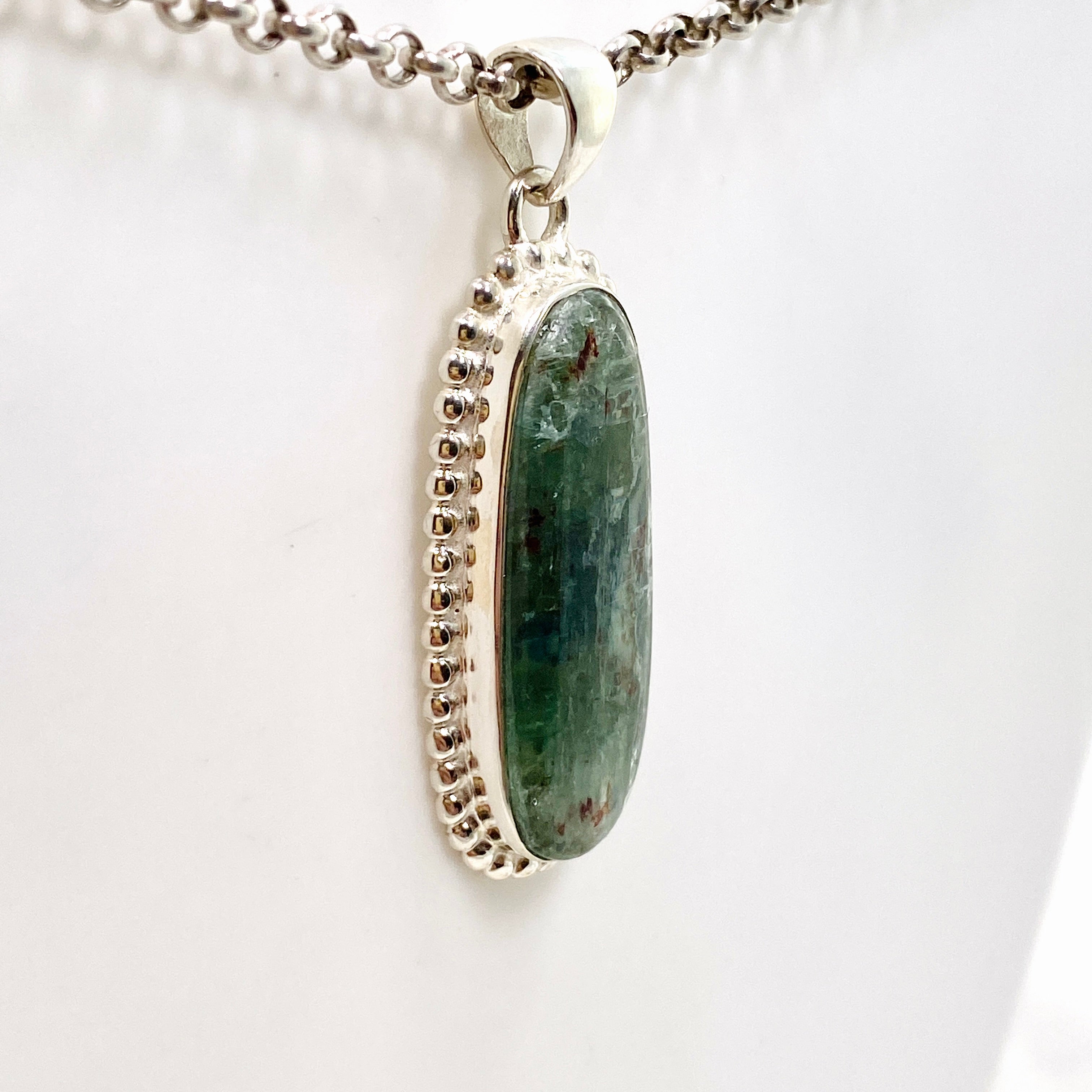 Natural Green Kyanite Oval Cabochon Pendant in Sterling Silver Setting - KPGJ4632 | Healing Crystal Jewelry for Meditation & Energy Work