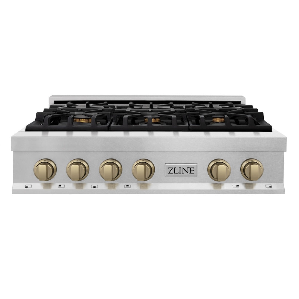 ZLINE Autograph Edition 36 Inch 6-Burner Gas Rangetop with Porcelain Cooktop - Satin Stainless Steel & Champagne Bronze Accents (RTSZ 36 CB) - Perfect for Professional Kitchens & Luxury Home Cooking