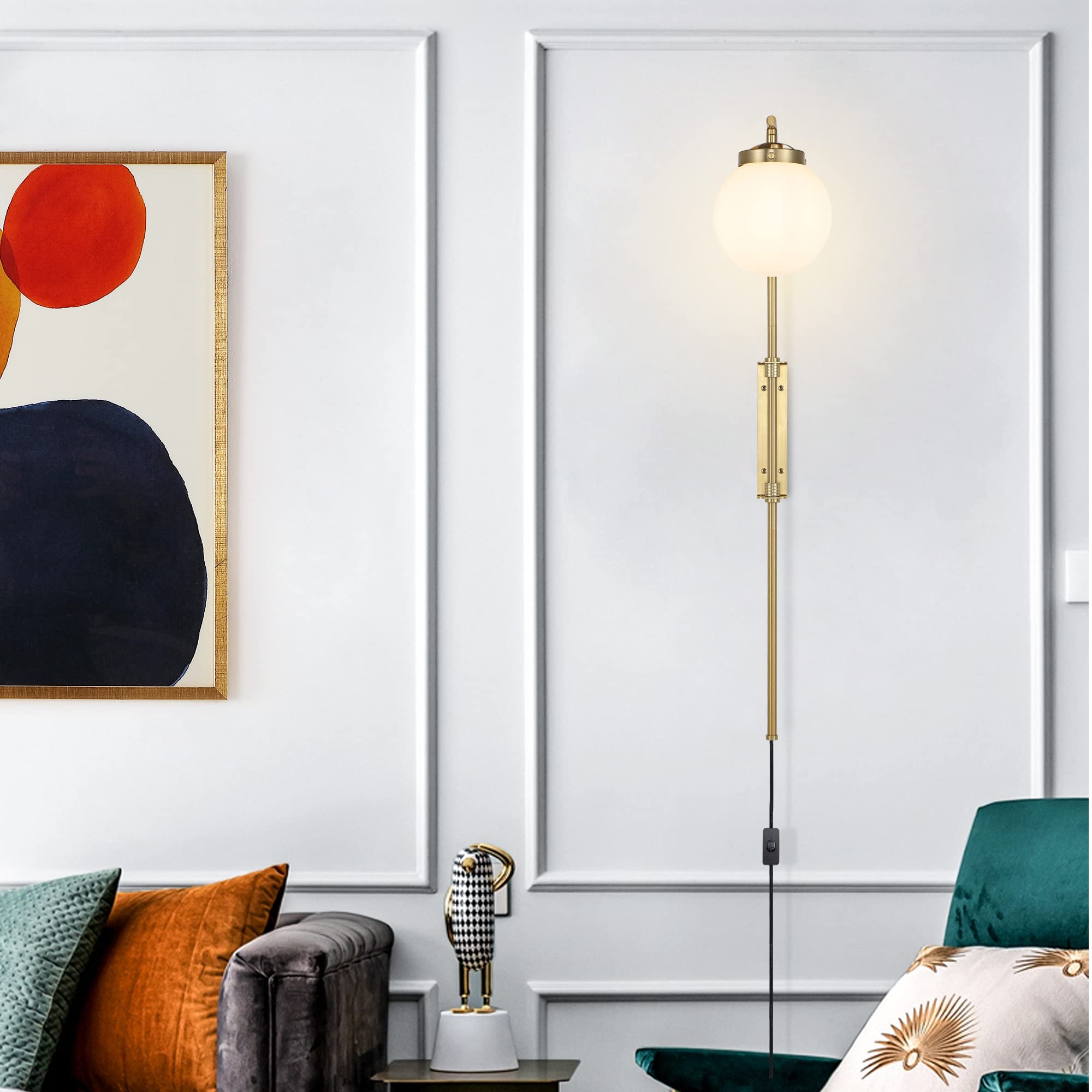 Gold Wall Sconces Set of 2 with Globe Shade - Modern Plug-in Wall Lamps with Switch & Adjustable Angle - Perfect for Bedroom, Living Room, Study, Hallway & Bedside Lighting