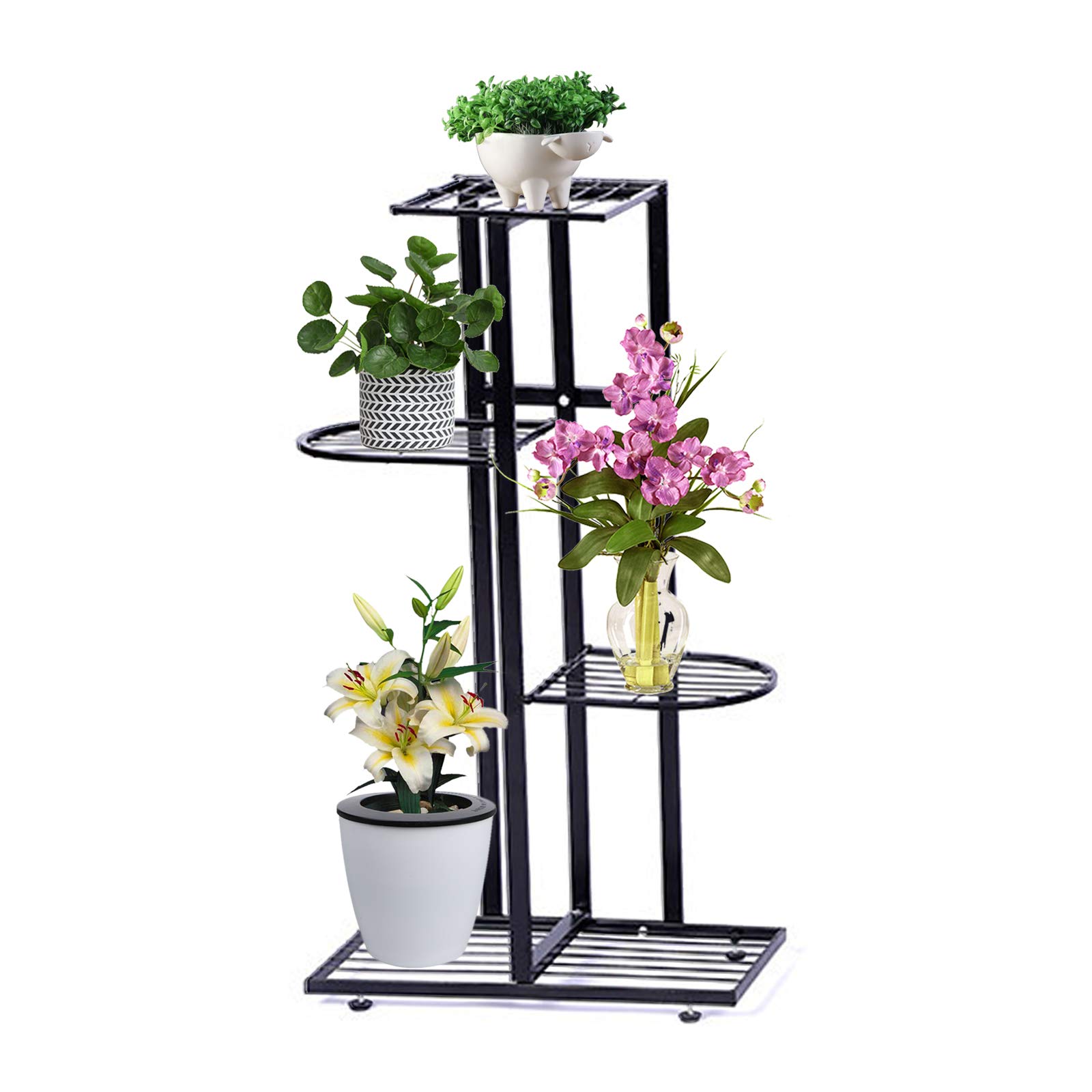4-Tier Black Metal Plant Stand with Screws - 5 Potted Flower Holder for Indoor & Outdoor Use - Durable Iron Plant Rack & Shelves for Balcony, Garden, Patio, Living Room Decor