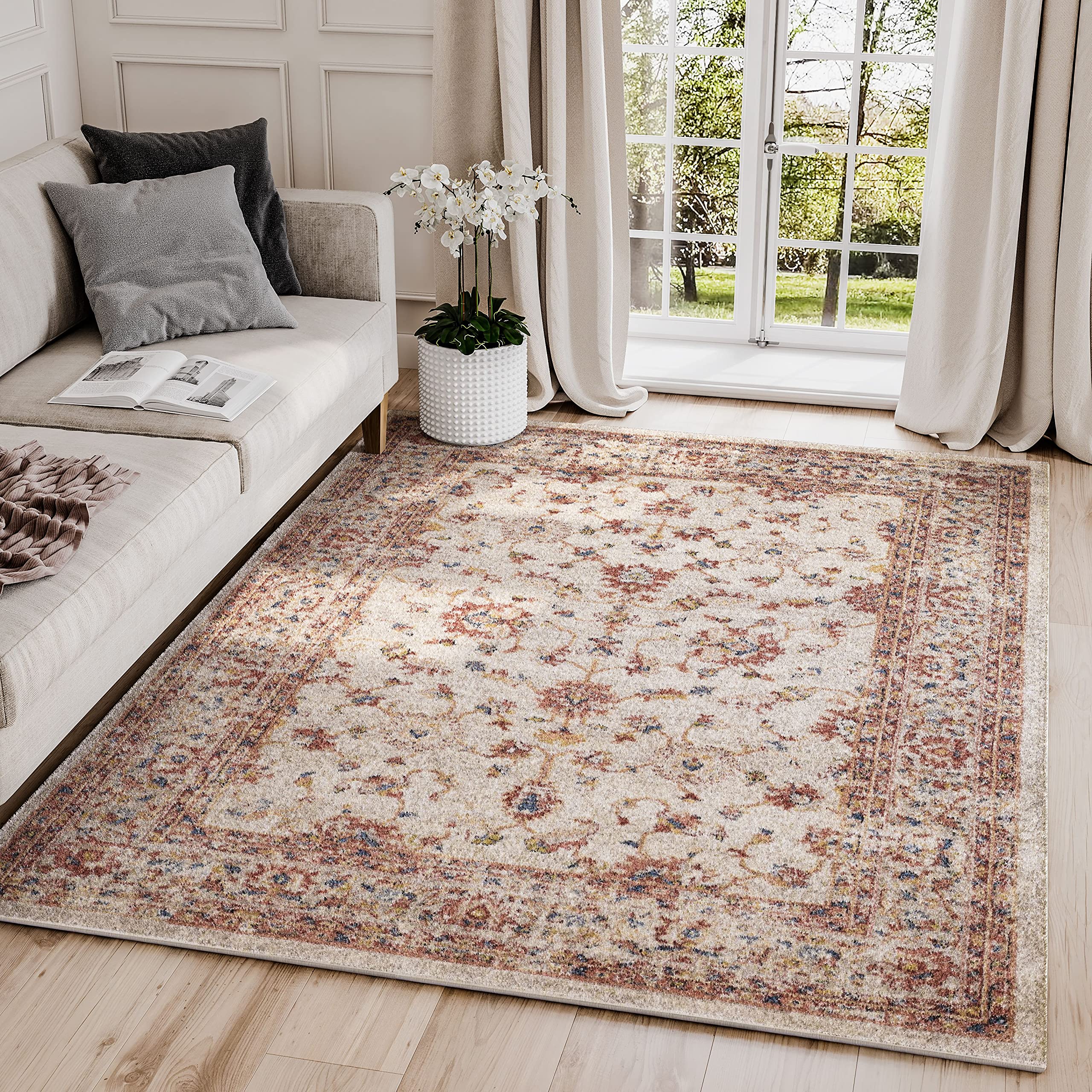 Traditional Beige & Red 4' x 6' Area Rug - Vintage Turkish Design Handmade Wool Carpet for Living Room Bedroom Decor | Babylon Collection by Abani Rugs | Perfect for Boho Home, Office & Entryway
