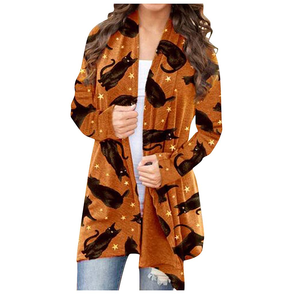 Halloween Women's Casual Pumpkin Print Pleated Long Sleeve Open Cardigan Coat | Cozy Fall Layering Sweater for Pumpkin Patch Visits & Autumn Parties