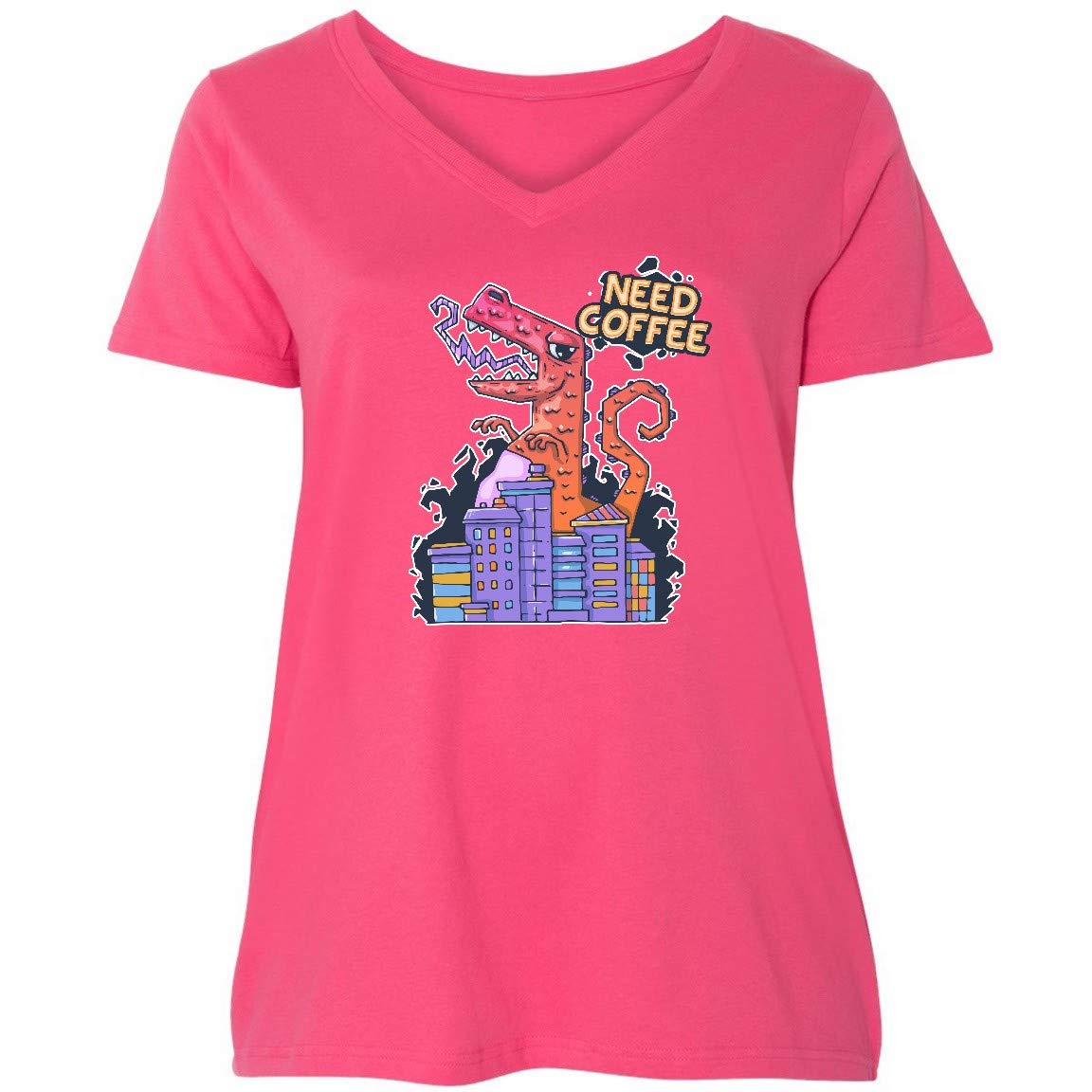 Inktastic Monster Needs Coffee Women's Plus Size V-Neck T-Shirt - Funny Cute Graphic Tee for Casual Wear, Lounge & Gifts