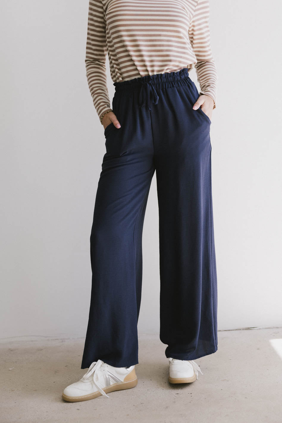 Mina High Waist Wide Leg Pants for Women - Navy Blue Linen Palazzo Trousers | Comfortable Office Wear & Summer Vacation Outfits