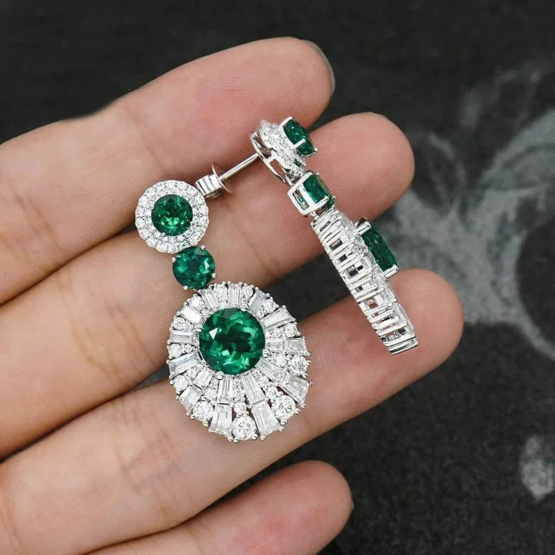 10K White Gold Earrings with Lab-Grown Emerald & Moissanite - Hydrothermal Sterling Silver Fine Jewelry for Women | Elegant Party Wedding Gift, Anniversary Present & Special Occasion Accessory