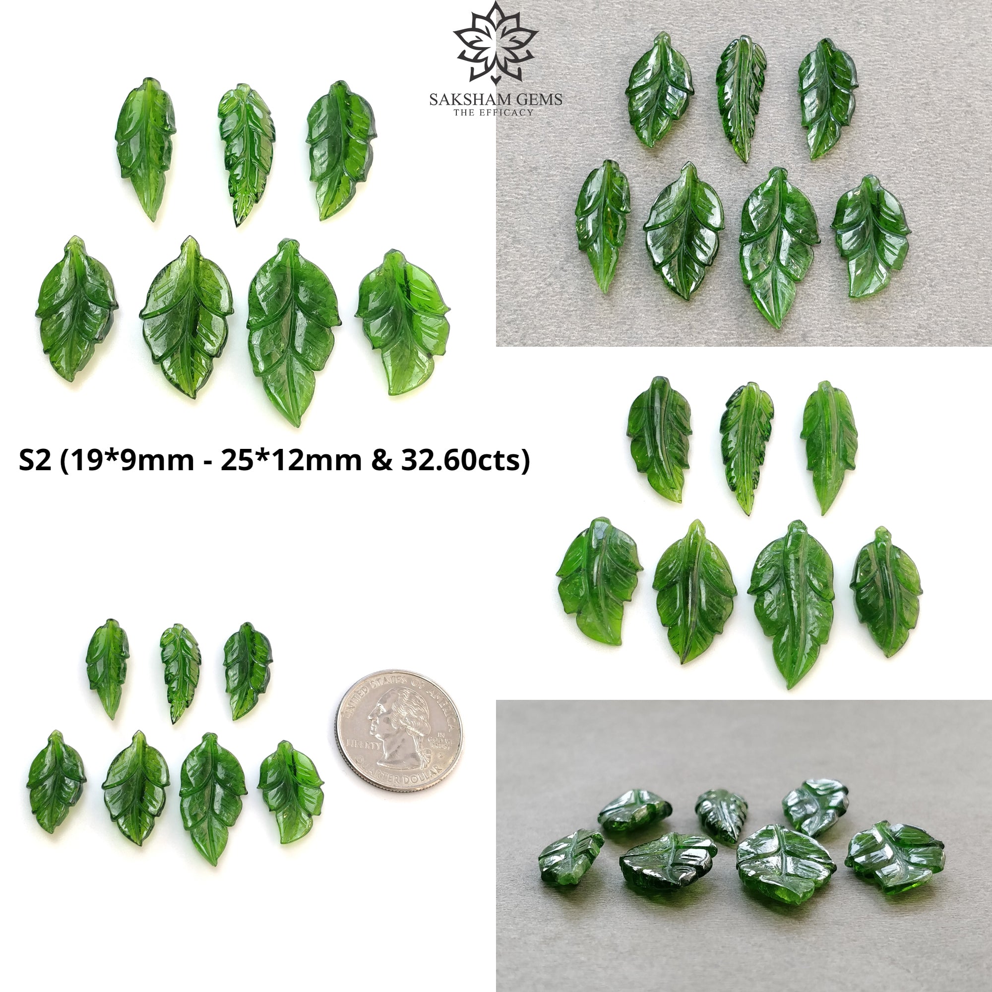 Natural Green Chrome Diopside Gemstone Carving - Hand Carved Leaves Both Sides (7pcs) for Jewelry Making, Meditation & Crystal Healing