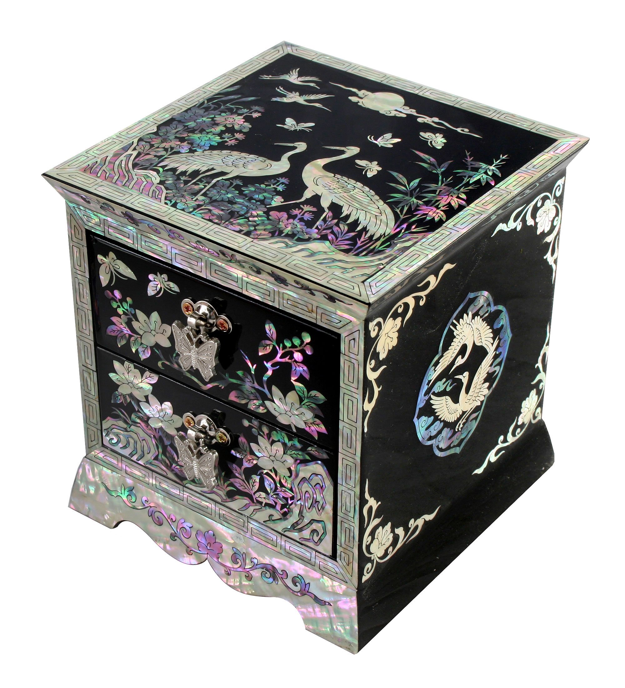 Handcrafted Asian Lacquer Jewelry Box with Mother of Pearl Inlay - Floral & Crane Design in Red Korean Mulberry Paper - Wooden Ring Organizer for Women, Girls Gift, Keepsake Storage - Perfect for Jewelry Display, Dresser Decor & Wedding Gift