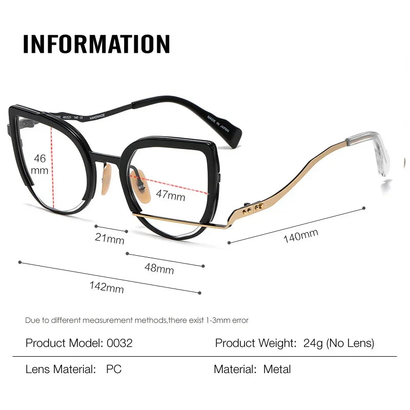 Aror Unisex Full Rim Square Oval Cat Eye Acetate Alloy Eyeglasses 49432 - Stylish Retro Frame for Men & Women - Perfect for Reading, Work, and Fashion Accessories