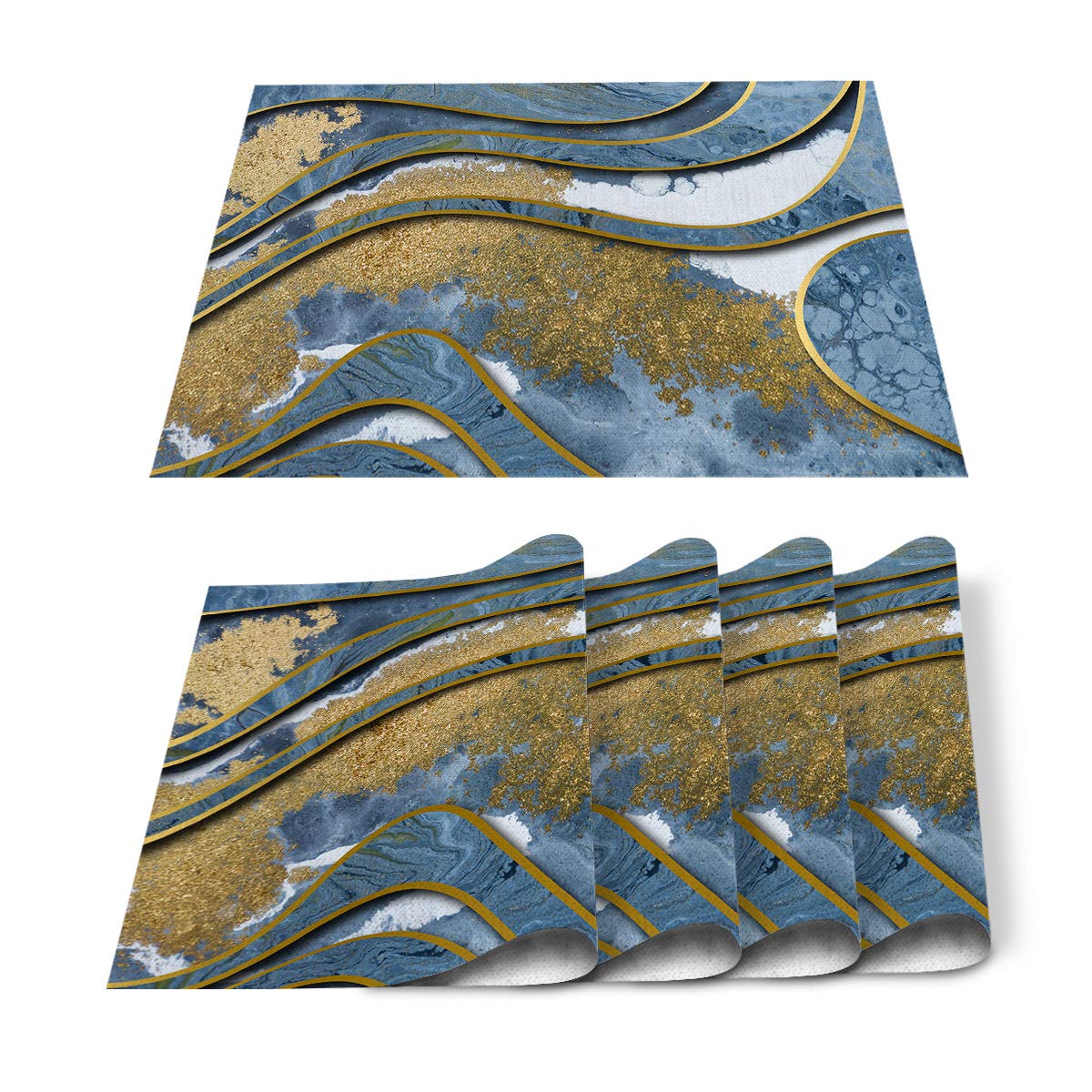 Premium 4-Piece Abstract Blue Marble Placemats Set - Heat-Resistant & Washable Woven Table Mats for Dining Room, Kitchen, and Outdoor Entertaining - Elegant Table Decor for Dinner Parties, Family Meals, and Daily Use