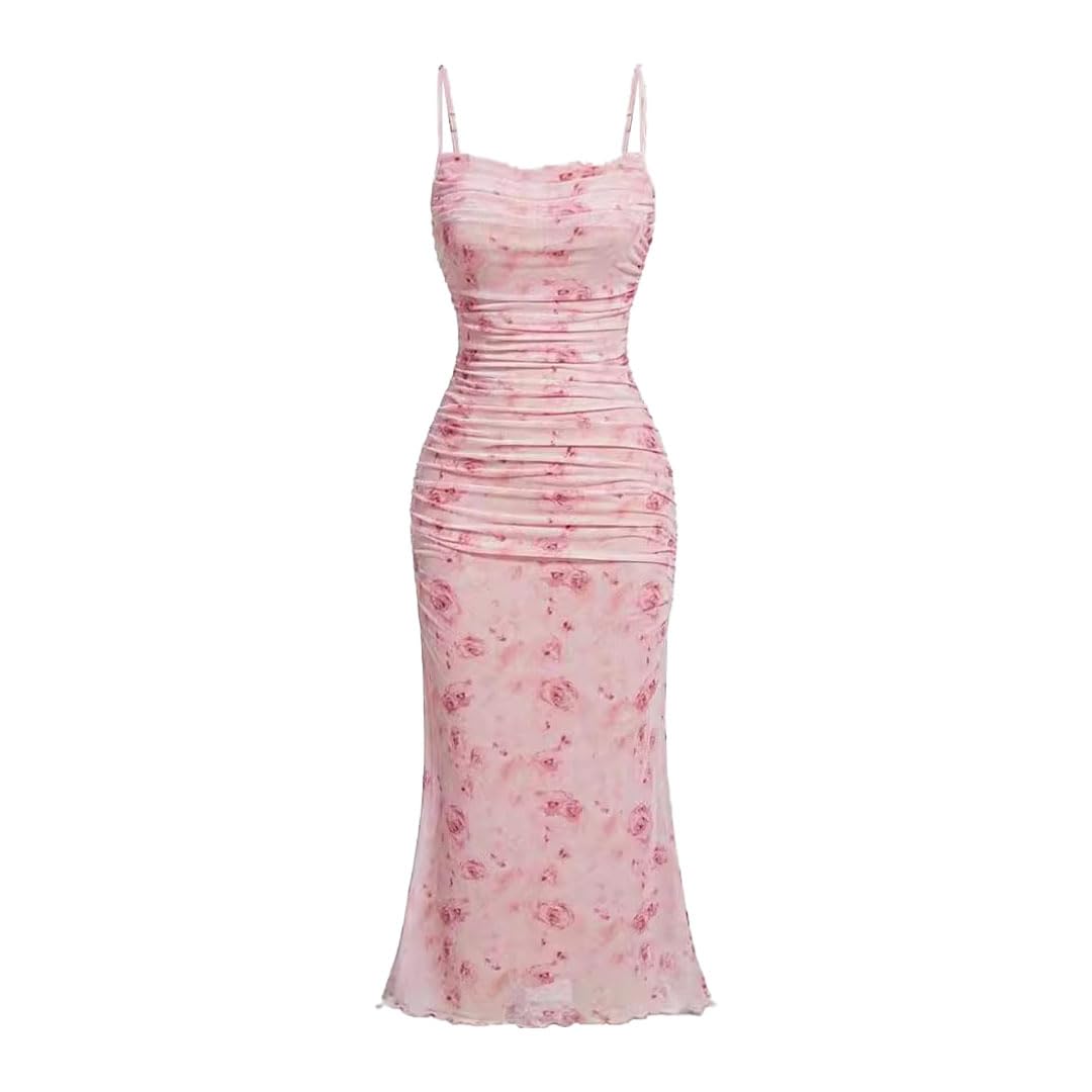 Women's Floral Maxi Dress - Ruched Bodycon Cami Dress with Sleeveless Square Neck | Coquette Wrap Dress for Summer | Trendy Casual & Party Wear | Perfect for Beach Vacations, Date Nights and Outdoor Events