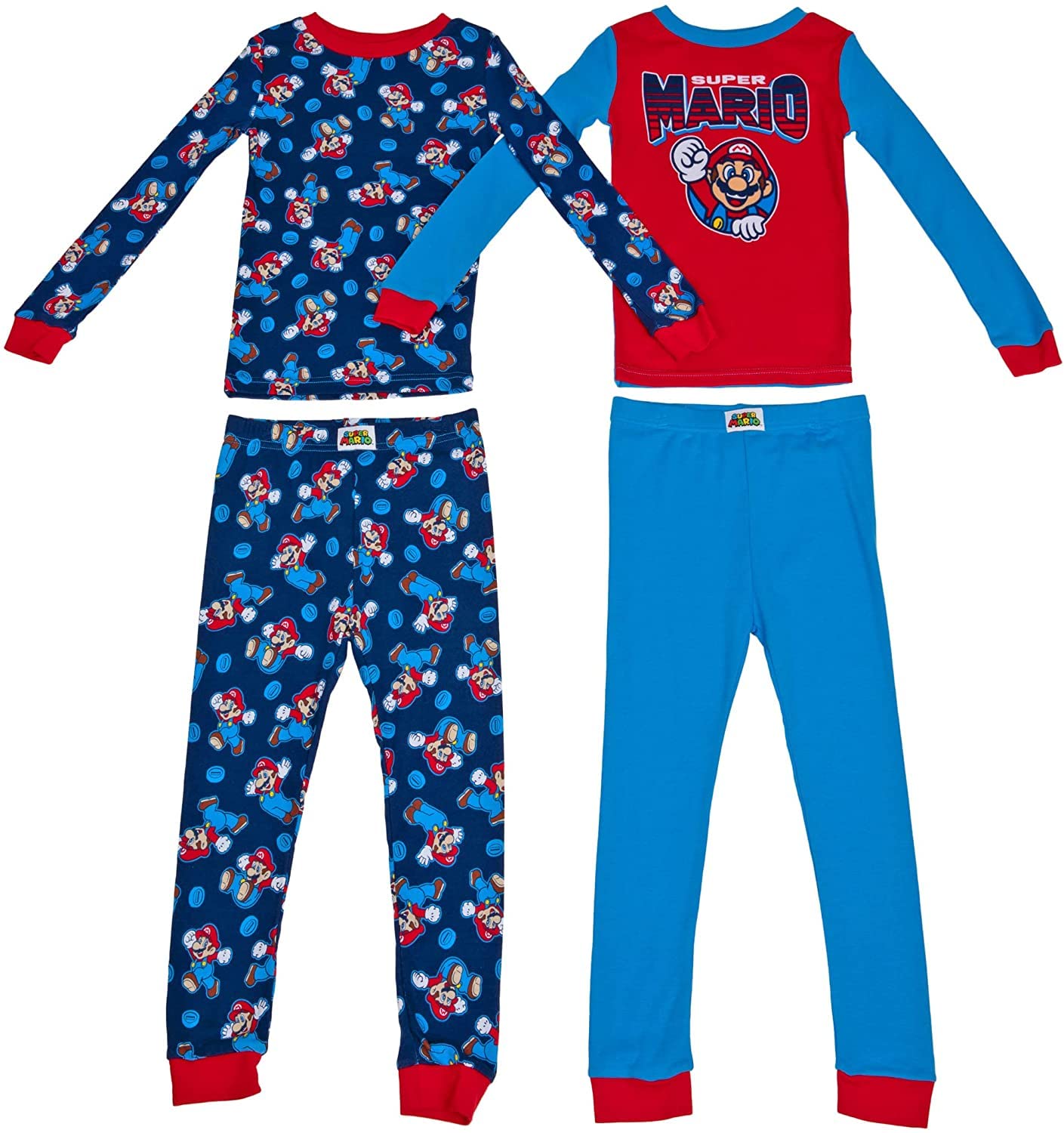 Nintendo Super Mario Character 4-Piece Long Sleeve Pajama Set for Kids - Cozy Boys & Girls Sleepwear for Game Nights & Birthday Gifts