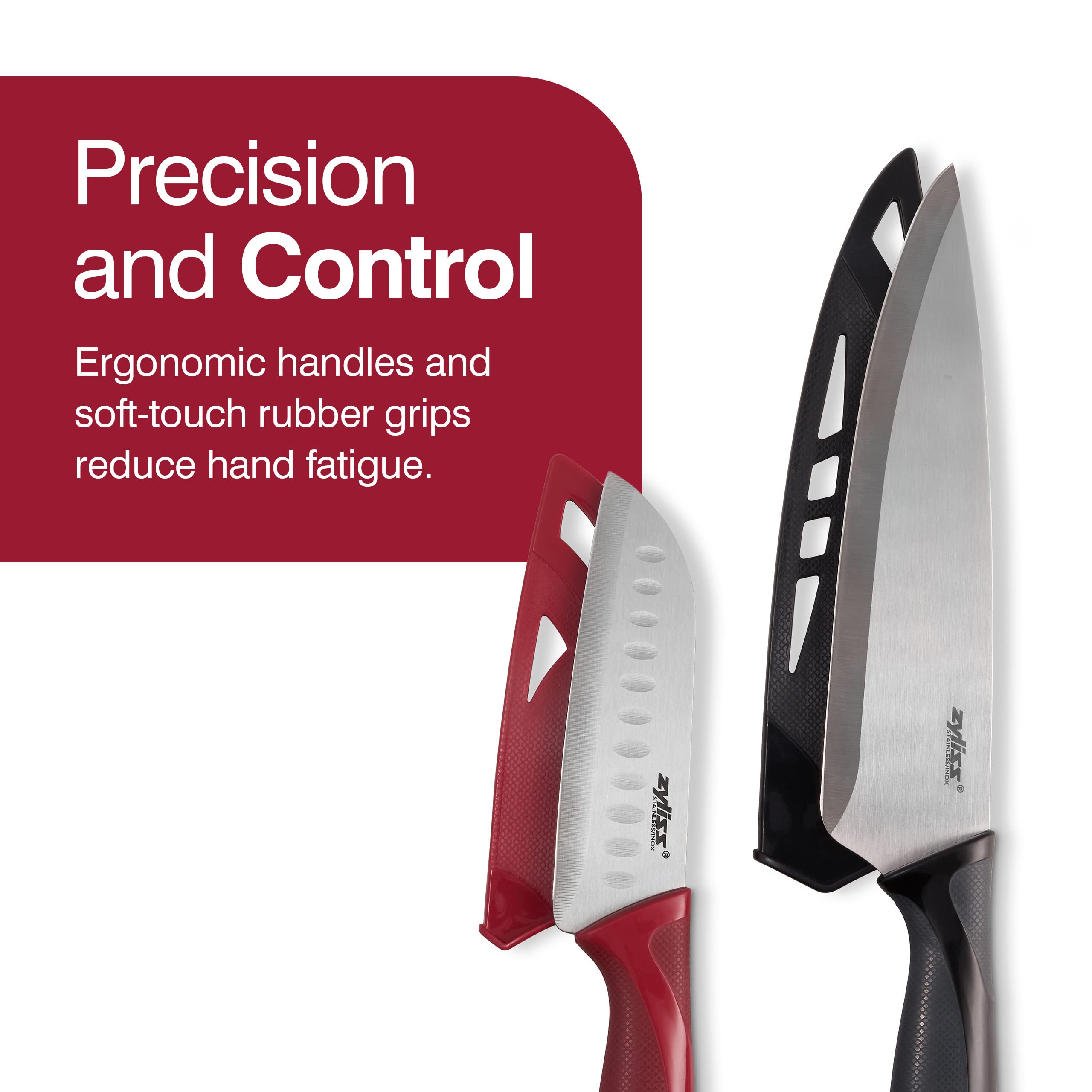 Zyliss Premium Stainless Steel Kitchen Knives Set - 2-Piece Santoku & Chef Knives with Sheath Covers - Dishwasher Safe - Sharp Blades for Meat, Vegetables & Fruit Cutting - Ideal for Home Cooking, Meal Prep & Professional Kitchens