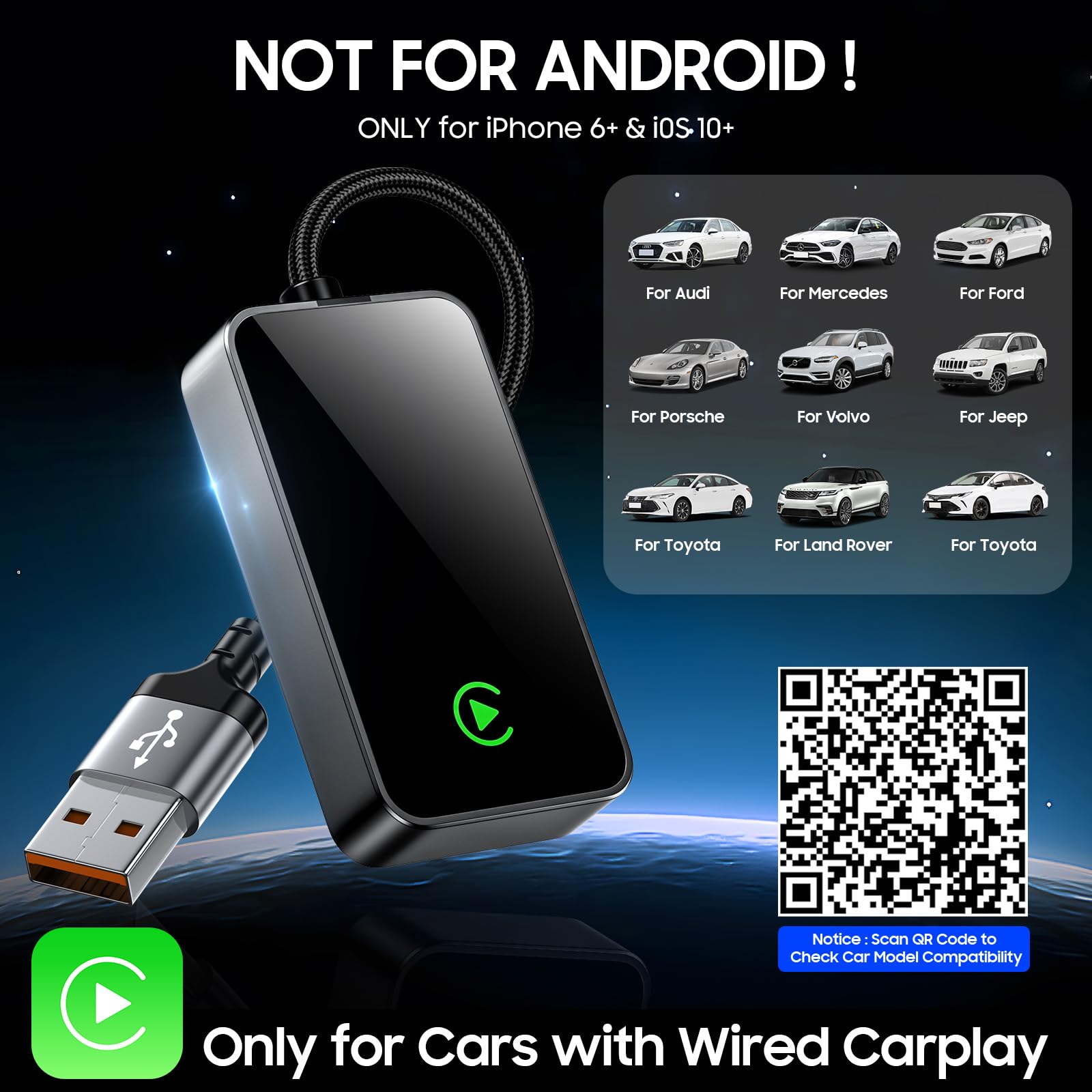 Wireless CarPlay Adapter for iPhone - Apple CarPlay Wireless Dongle, Plug & Play Fast Connection (iOS 10+, 2016+ Cars) | Seamless Music Streaming & Hands-Free Calling for Safer Driving