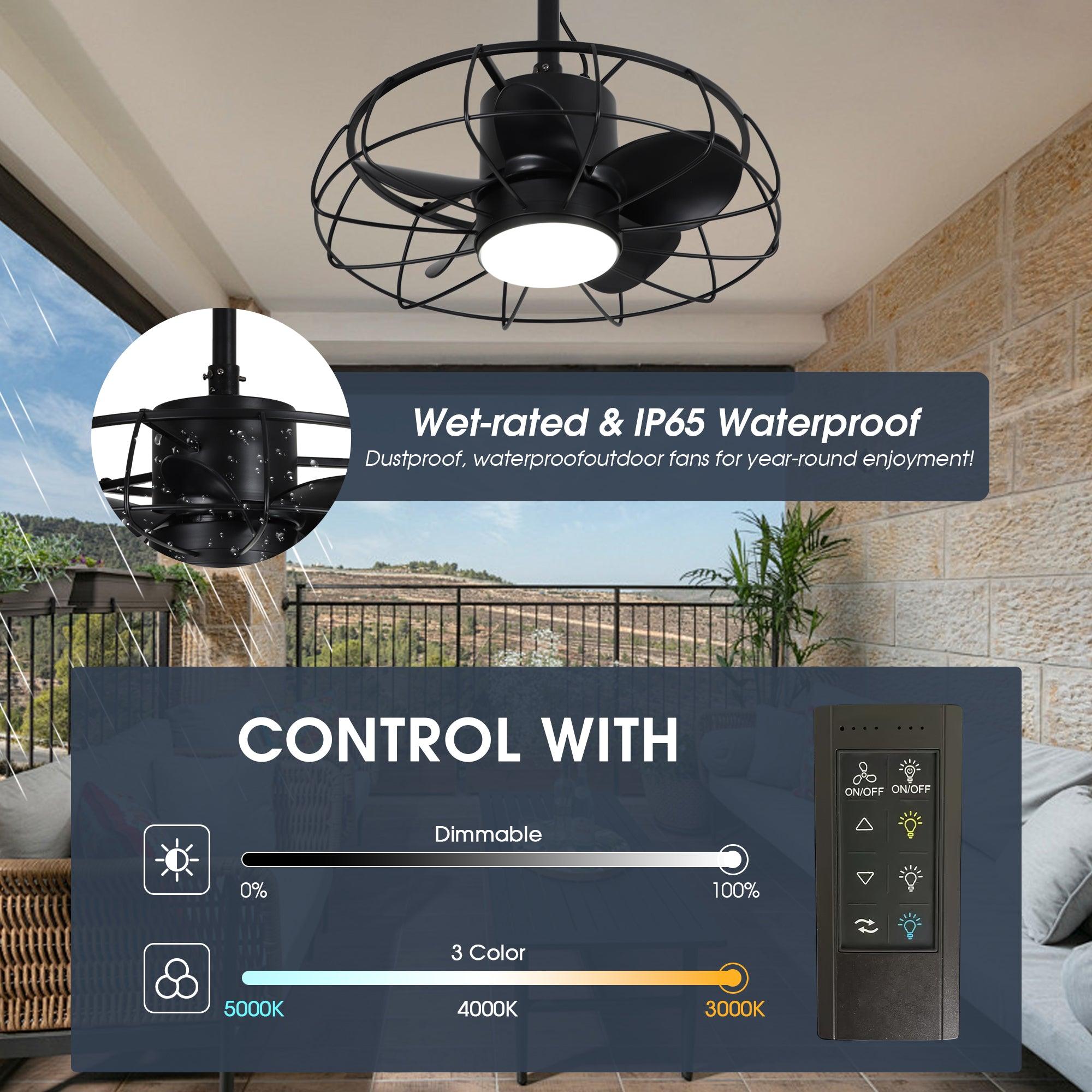 20 Inch Vistula Outdoor Ceiling Fan with Light - Black Industrial Style, DC Motor, Hanging Buckle Downrod - Perfect for Patio, Deck, and Covered Porch Cooling