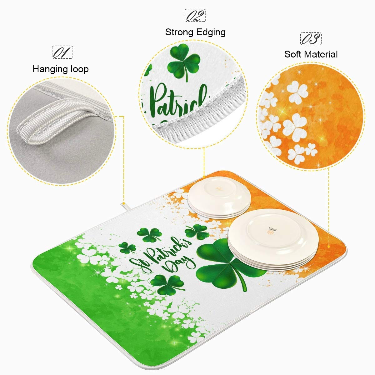 St. Patrick's Day Ireland Shamrock Dish Drying Mat 18x24 Inch - Green & Orange Clover Leaves Design, Absorbent Fast Dry Kitchen Accessories - Perfect for St. Patrick's Day Decor, Irish Themed Kitchens, and Holiday Dish Drying