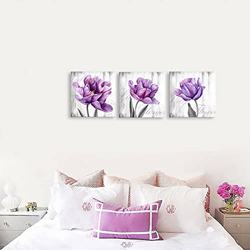 Purple Gray Floral Wall Art Set - 3 Piece Lilac Tulip Canvas Paintings for Bedroom & Living Room Decor, Framed Flower Pictures (12x12 Inch) | Perfect for Home, Office & Gift Giving