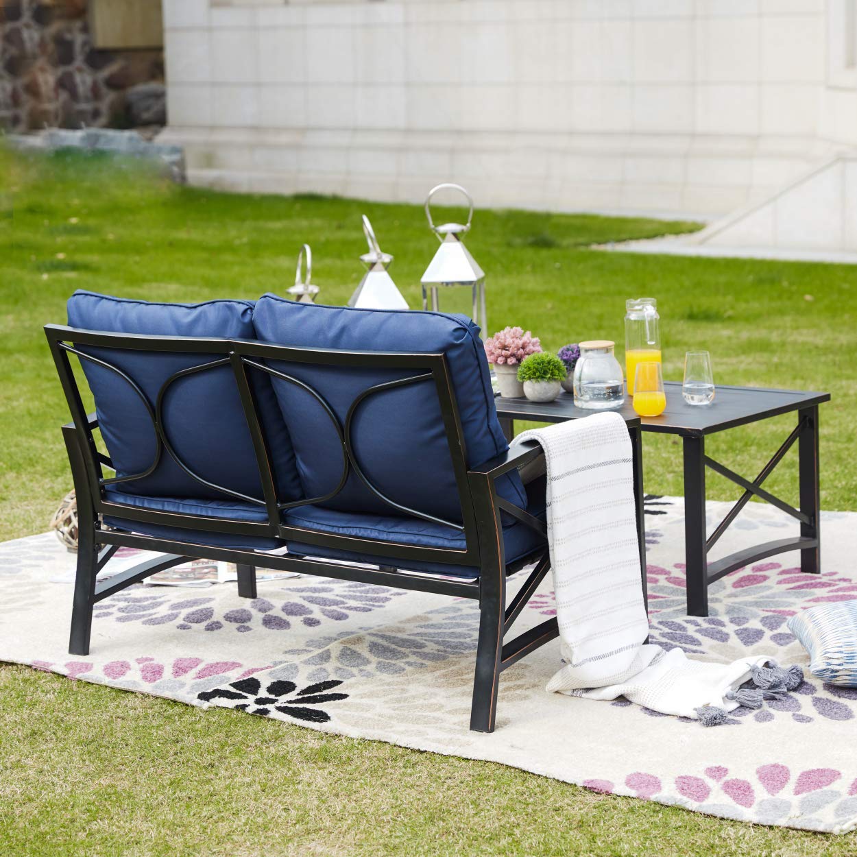 LOKATSE HOME 2-Piece Outdoor Patio Loveseat Set with Cushions - Metal Conversation Chairs & Coffee Table in Blue - Perfect for Garden, Backyard, and Poolside Relaxation