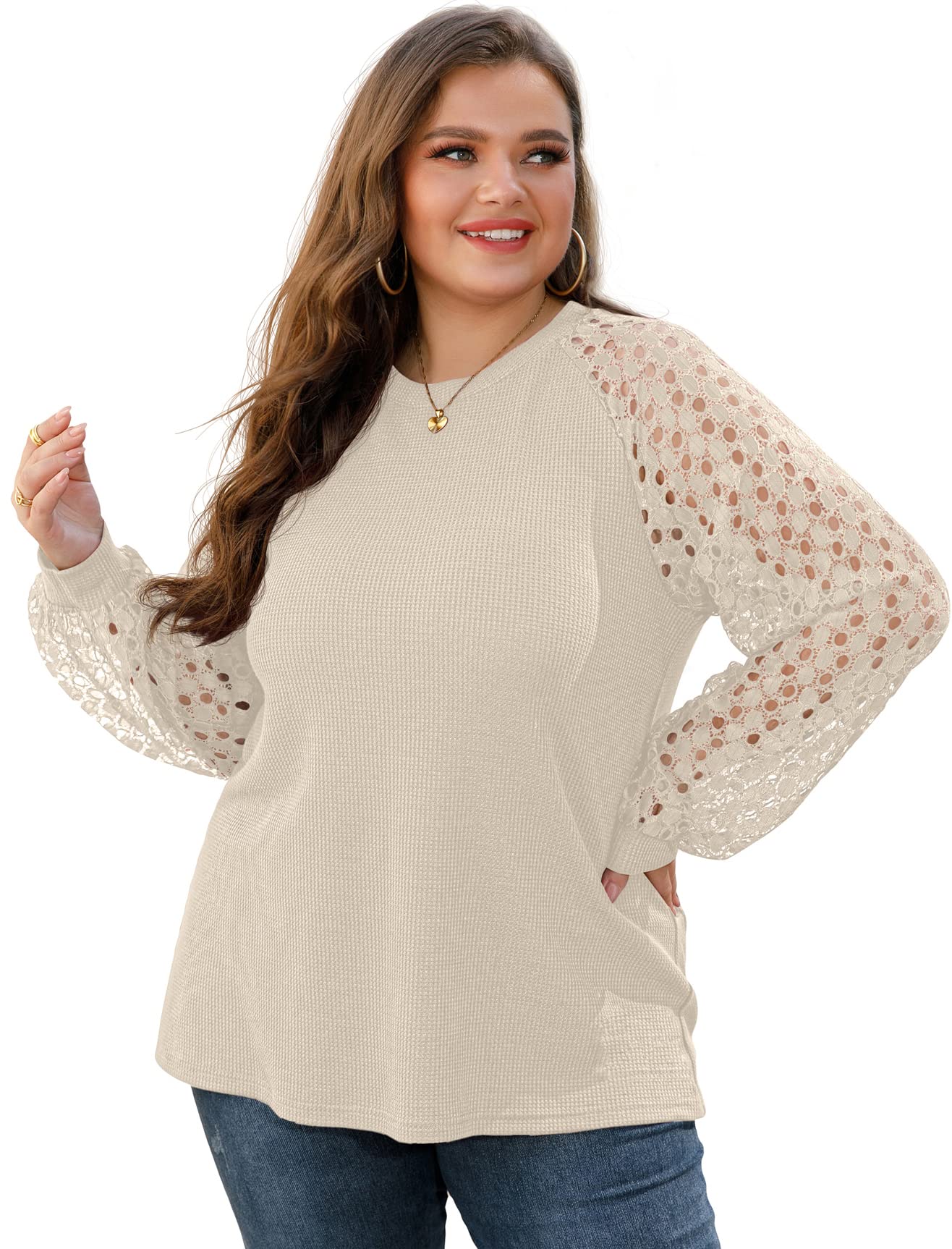 OLRIK Women's Plus Size Lace Sleeve Blouse - Waffle Knit Long Sleeve Tops for Casual Wear & Office Outfits