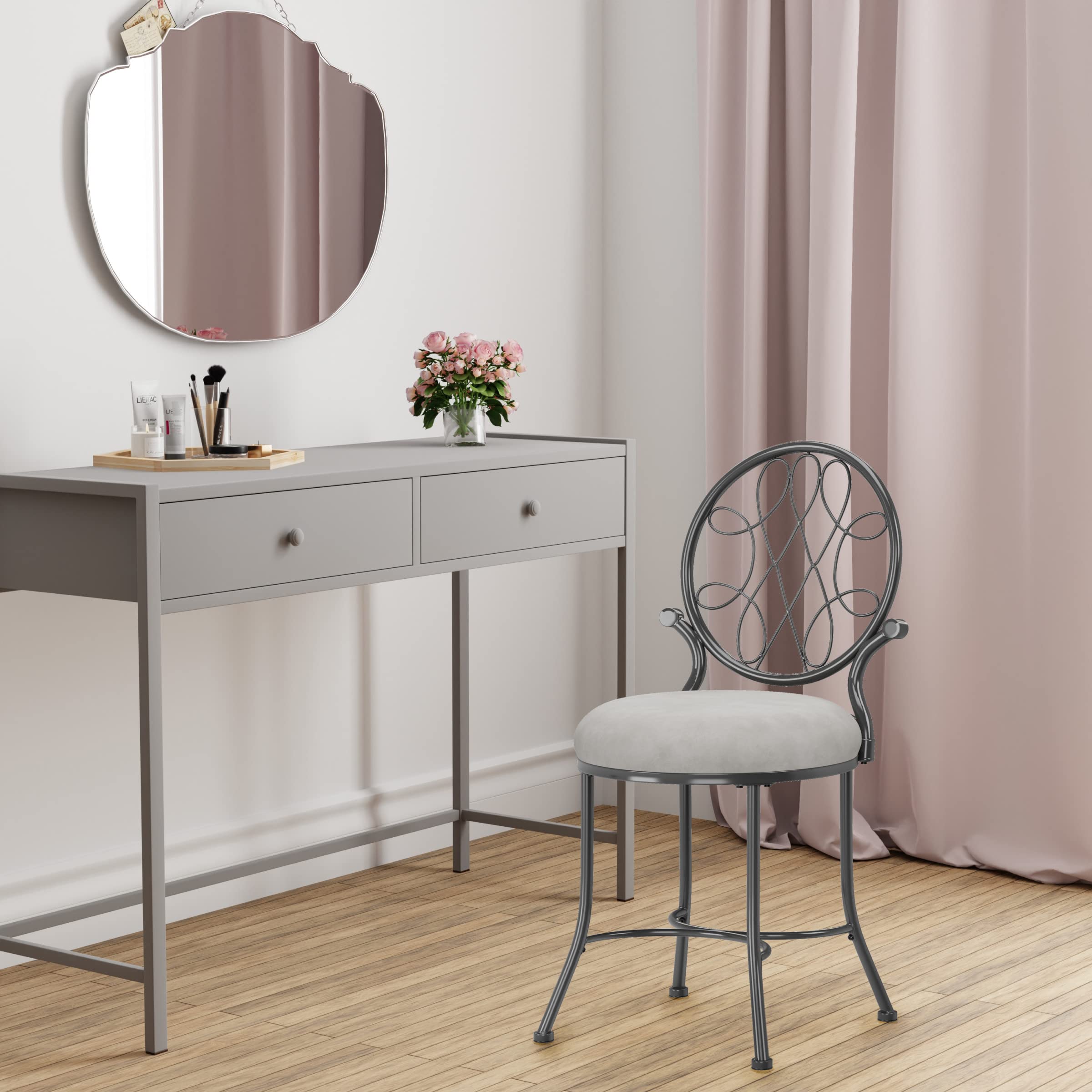 Hillsdale O'Malley Vanity Stool with Spiral Pattern Design - Metallic Gray Upholstered Stool for Dressing Table, Bedroom, Makeup Room & Boudoir Decor