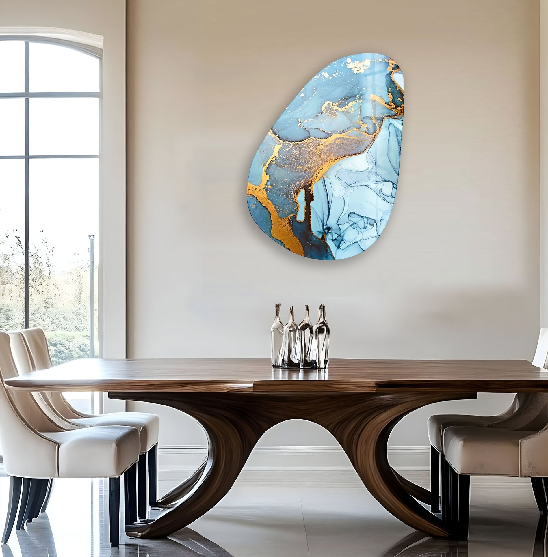 Abstract Blue & Gold Glass Wall Art - Modern Asymmetrical Oval Design for Living Room, Bedroom & Office Decor