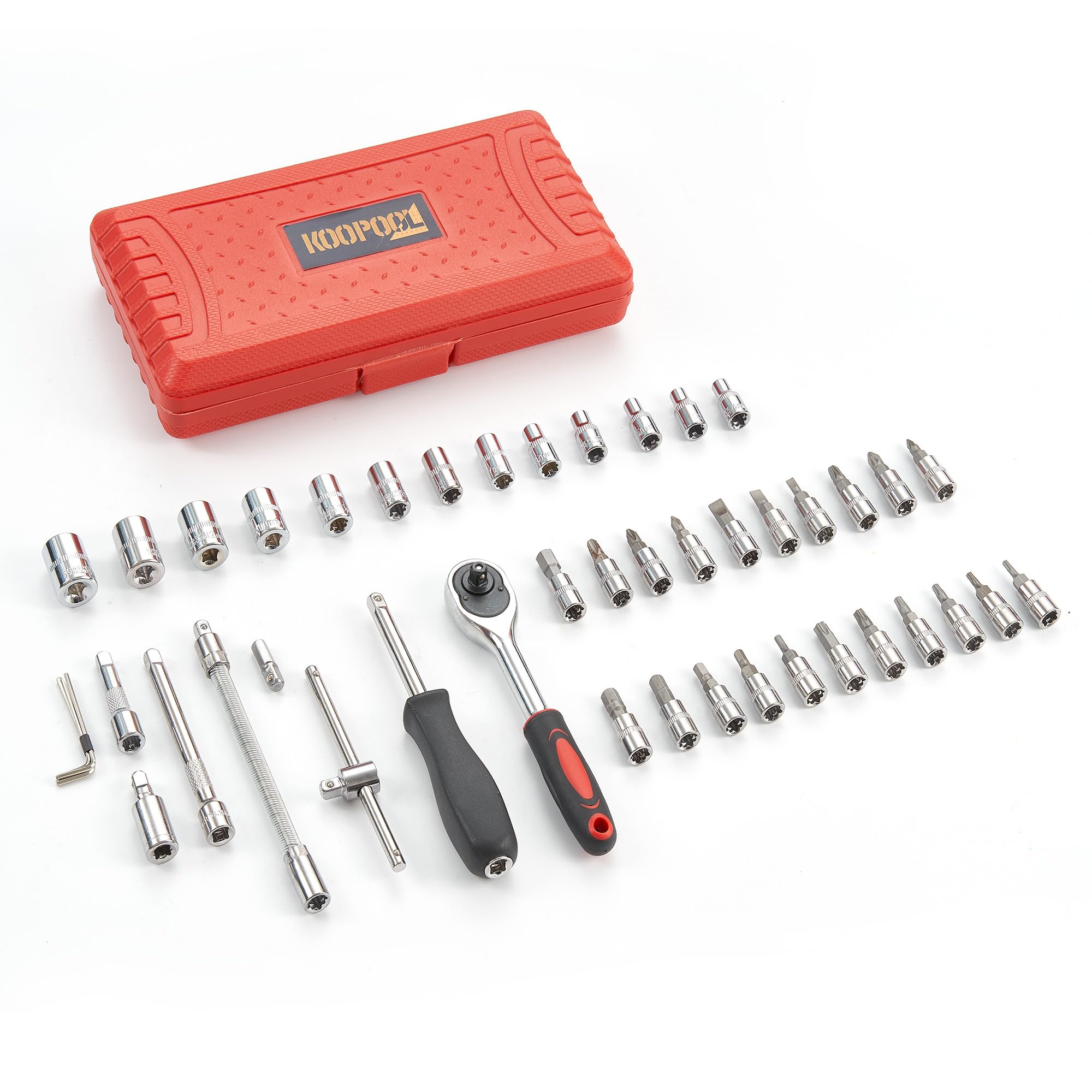 1/4 Inch Drive Socket Ratchet Wrench Set - 46 Piece Metric Bit Socket Set with Extension Bar for Auto Repair & Household Use | Perfect for Car Maintenance, DIY Projects & Home Improvement | Includes Durable Storage Case (Red)