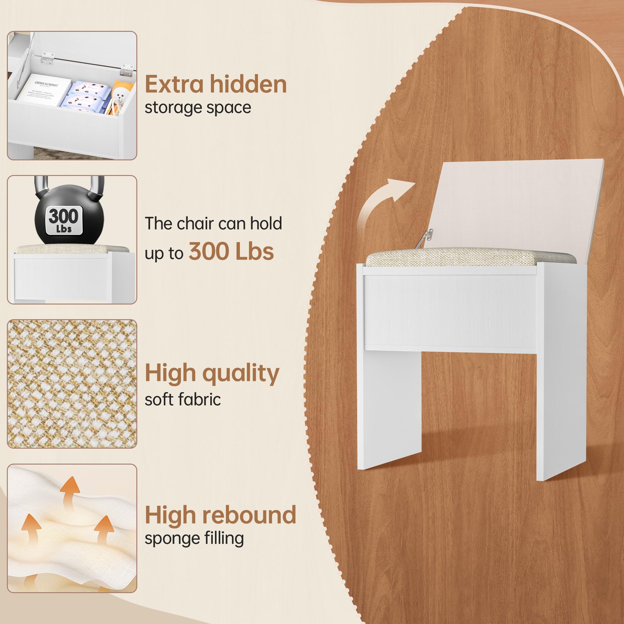 Greenvelly Farmhouse Vanity Set with Lights - White Vanity Desk with Mirror, 3 Lighting Modes, Drawers & Matching Chair - Dressing Table for Women & Girls | Perfect for Bedroom, Makeup Room & Home Decor