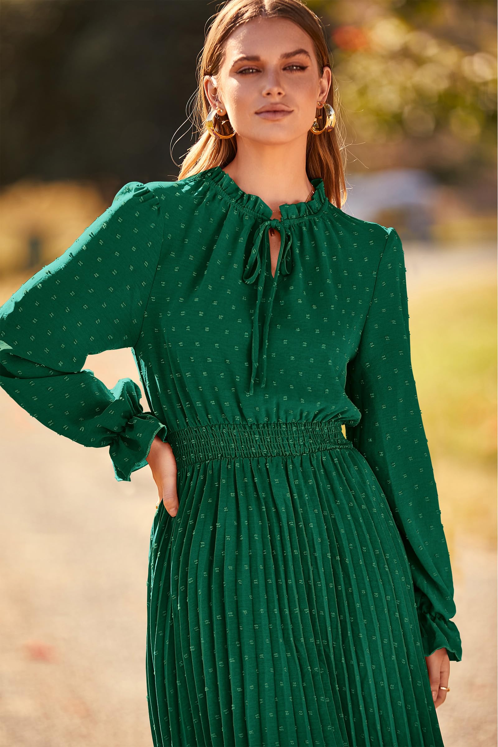 PRETTYGARDEN Women's Swiss Dot Pleated Midi Dress - Long Sleeve V-Neck A-Line Flowy Casual Dress for Spring Fall 2025 | Perfect for Office, Date Night & Special Occasions