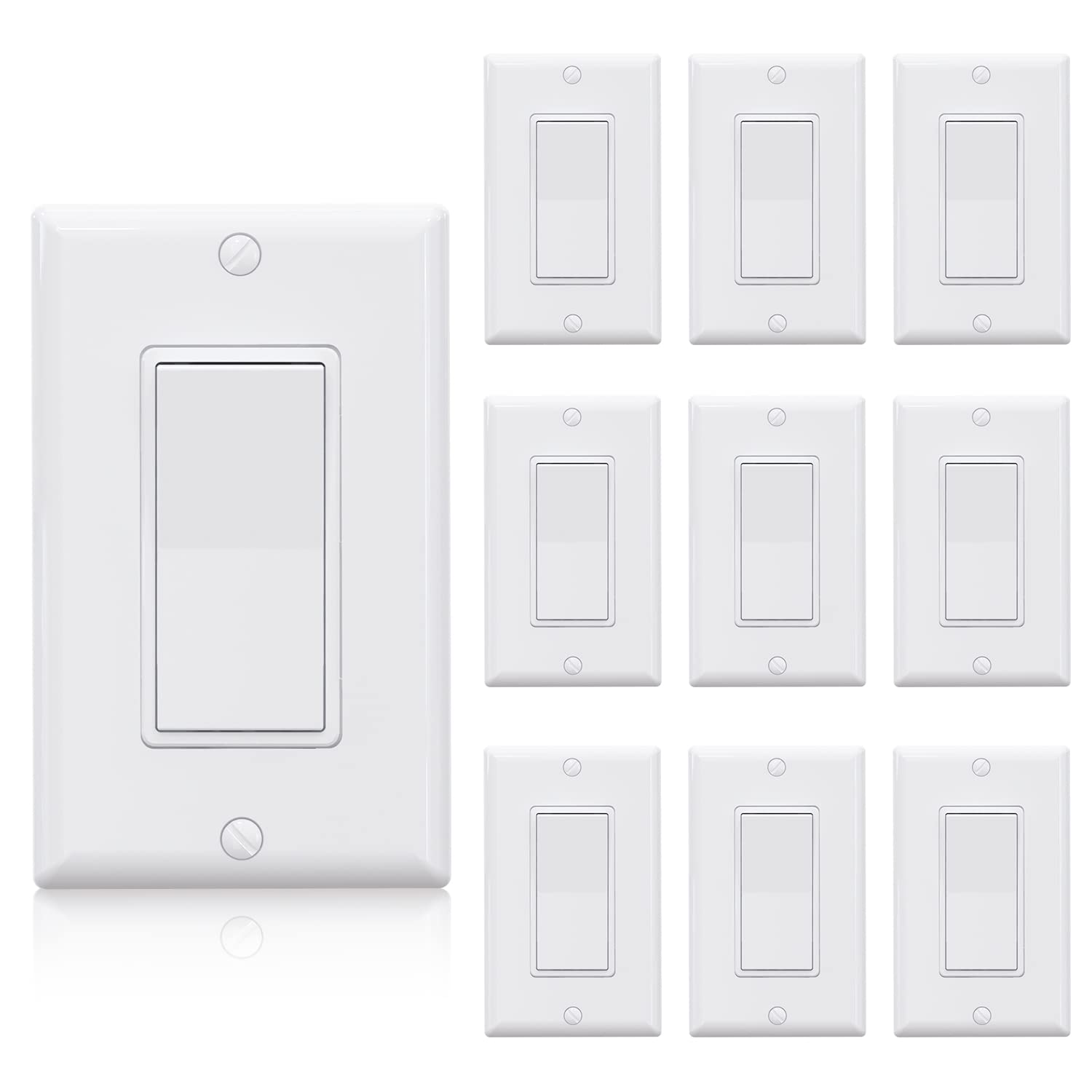 ELEGRP 15Amp 120-277V Single Pole Decorator Light Switch with Wall Plate, Paddle Rocker On/Off Switch, Self-Grounding Residential Grade, UL/CUL Listed (10 Pack Glossy White) - Perfect for Home, Office & Commercial Lighting Control