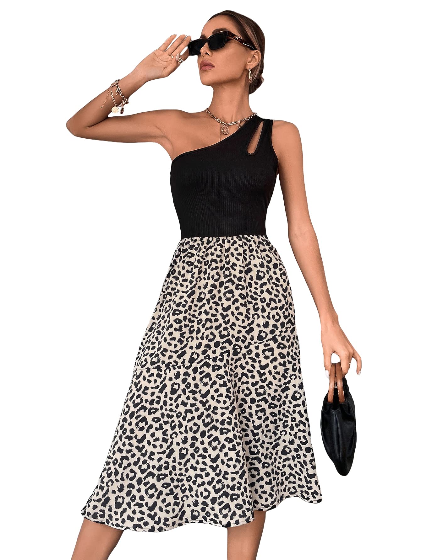 Stylish Women's Leopard Print Cut-Out One Shoulder Sleeveless A-Line Swing Midi Dress for Party, Date Night & Special Occasions | Fashionable & Comfortable