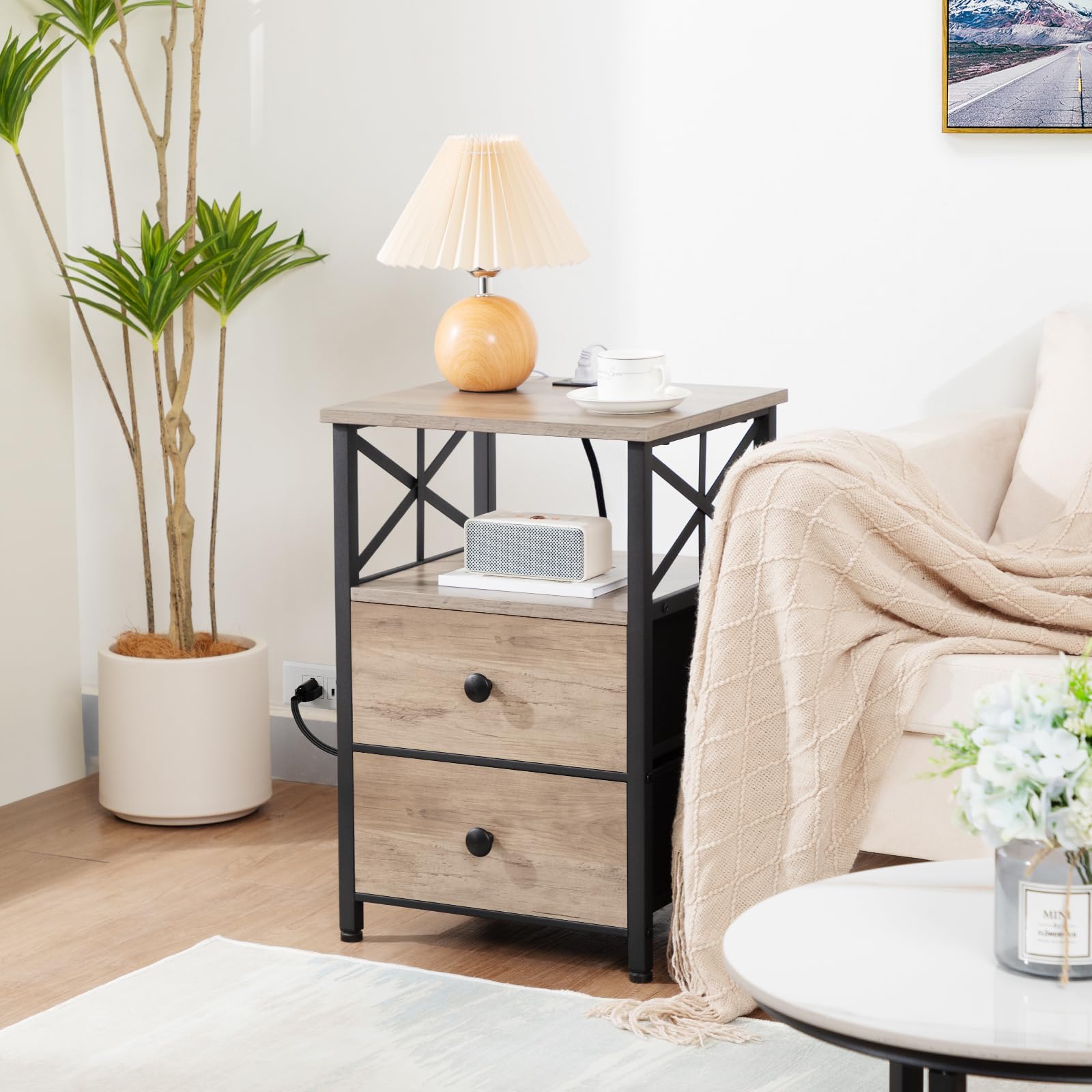 AMHANCIBLE Nightstand with Charging Station - Bedside Table with USB Ports & Outlets, Fabric Drawer Storage - Compact End Table for Small Bedrooms & Living Rooms (Greige) - Perfect for Charging Devices & Organizing Essentials by Your Bed