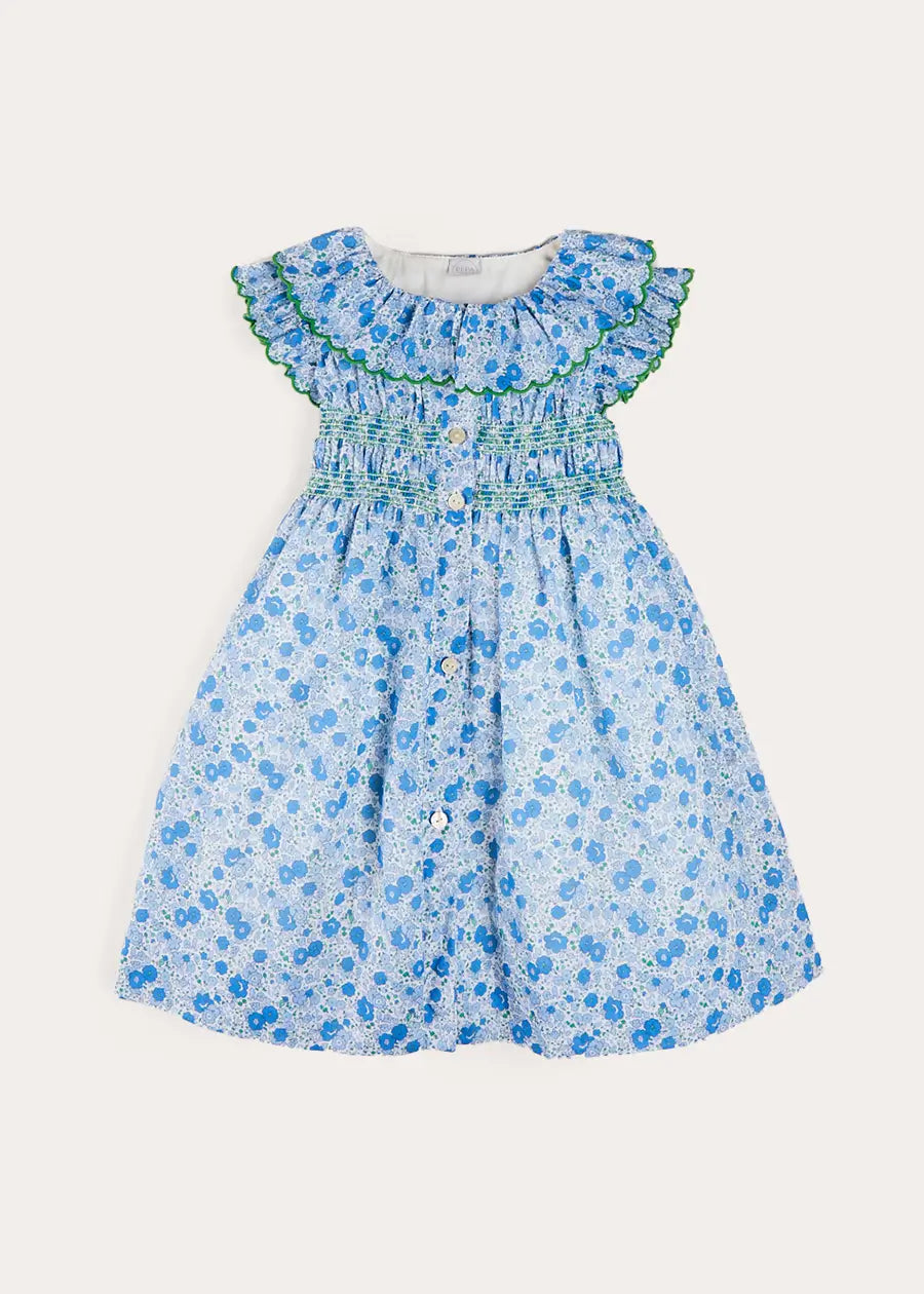 Olivia Floral Smocked Ruffle Collar Sleeveless Dress for Girls - Blue Summer Dress for Baby to Kids (12 Months to 10 Years) | Perfect for Birthday Parties, Family Photos & Special Occasions
