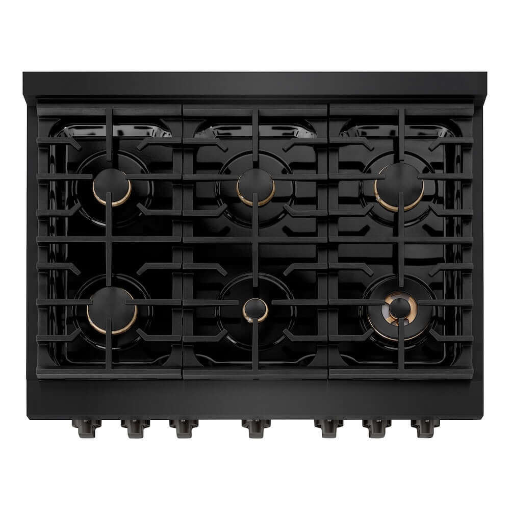 ZLINE 36 Inch 5.2 Cu. Ft. Black Stainless Steel Gas Range with Convection Oven & 6 Brass Burners - Professional SGRB BR 36 Model for Modern Kitchens & Home Chefs