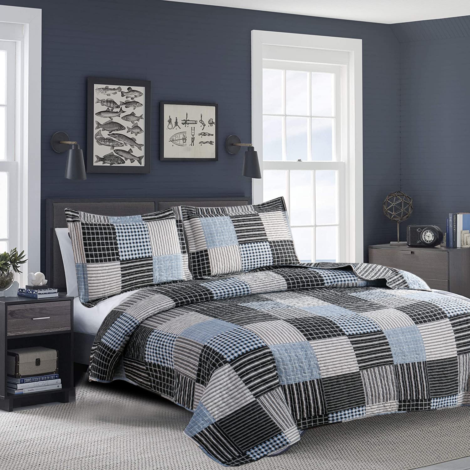**King Size Reversible Quilt Set - Lightweight Plaid Patchwork Bedspread Coverlet for Men, Black & White Stripe Modern Home Collection | Cozy Bedroom Upgrade & Guest Room Decor**