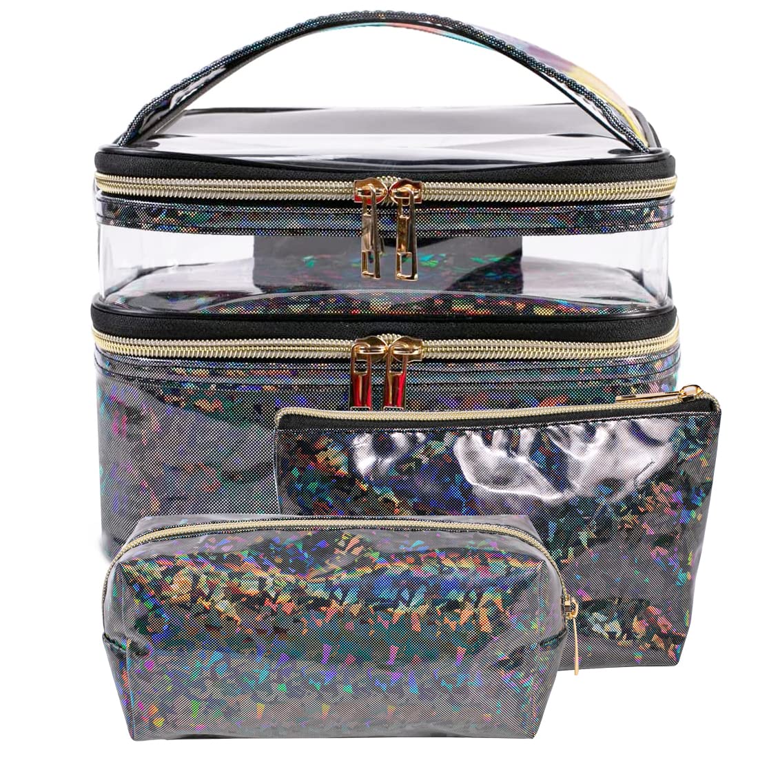 3-Piece Waterproof Holographic Makeup Bags Set - Double Layer Travel Cosmetic Organizer & Toiletry Pouch for Women, Small Zippered Brush Storage Case (Black) - Perfect for Travel, Gym, and Daily Makeup Organization