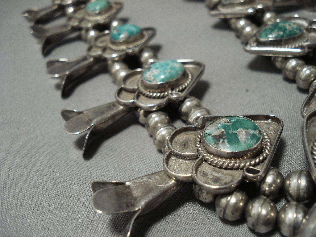 Authentic Vintage Navajo Sterling Silver Squash Blossom Necklace with Royston Turquoise - 190g Native American Jewelry for Women - Perfect for Boho Fashion, Weddings & Special Occasions