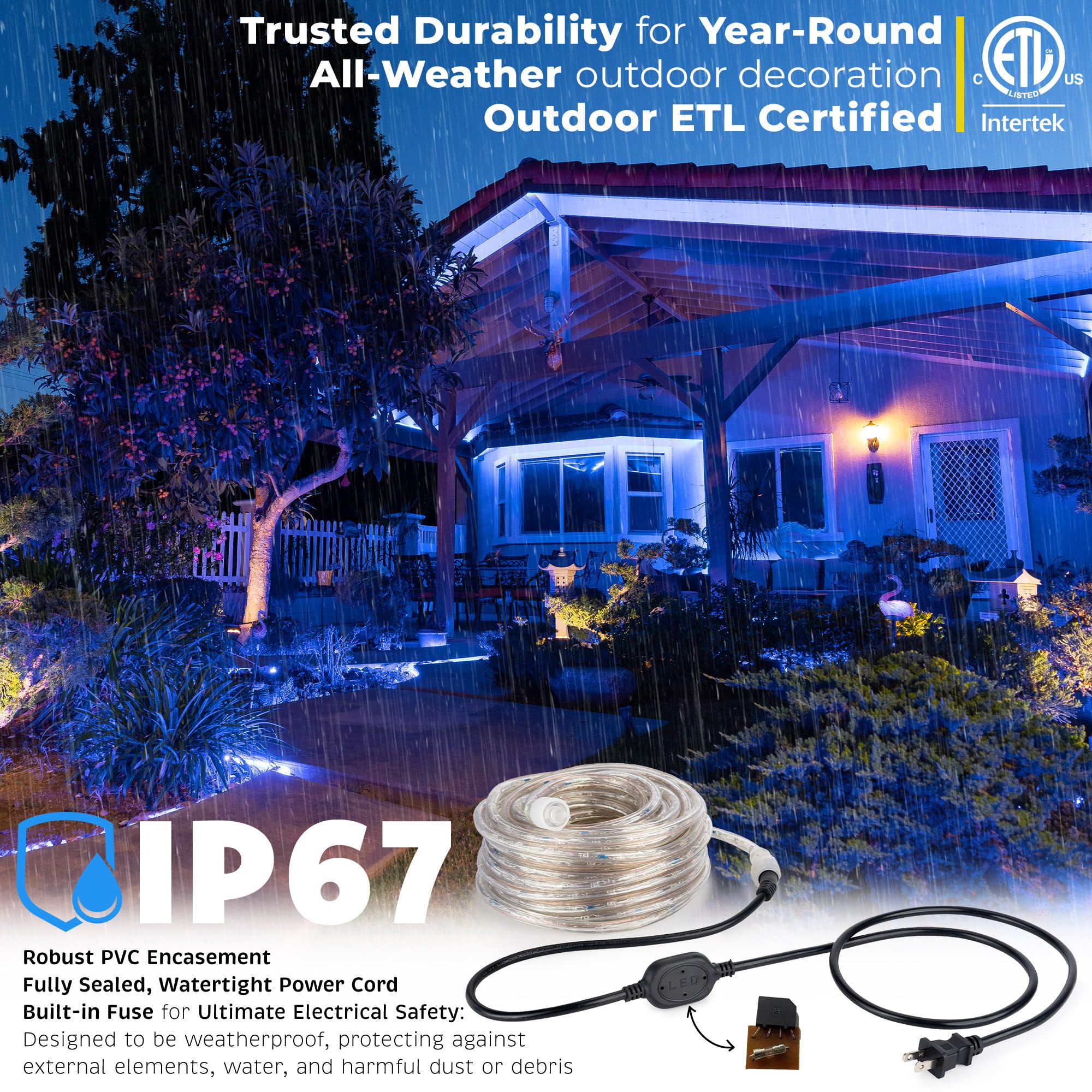 WYZworks 1656LEDs 150ft Waterproof Outdoor LED Rope Lights - ETL Certified Connectable Clear Tube for Christmas, Palm Tree, Holiday, Patio & Landscape Decoration (Blue) | Perfect for Backyard, Garden, Pool & Party Lighting