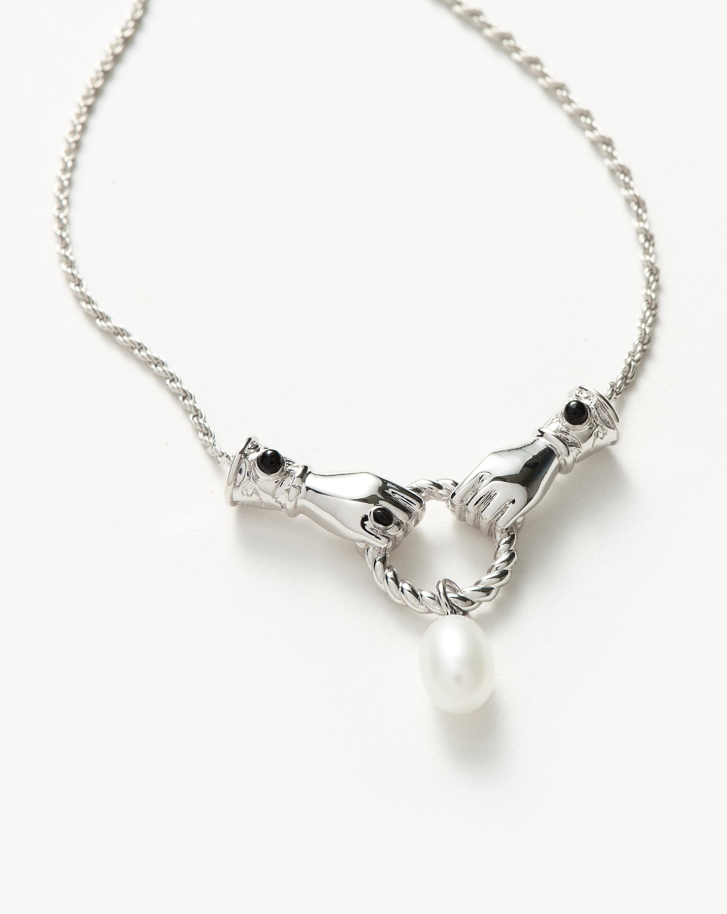Harris Reed In Good Hands Drop Pendant Necklace - Silver Plated with Pearl & Black Onyx | Elegant Layering Necklace for Women | Perfect for Evening Parties, Weddings & Special Occasions