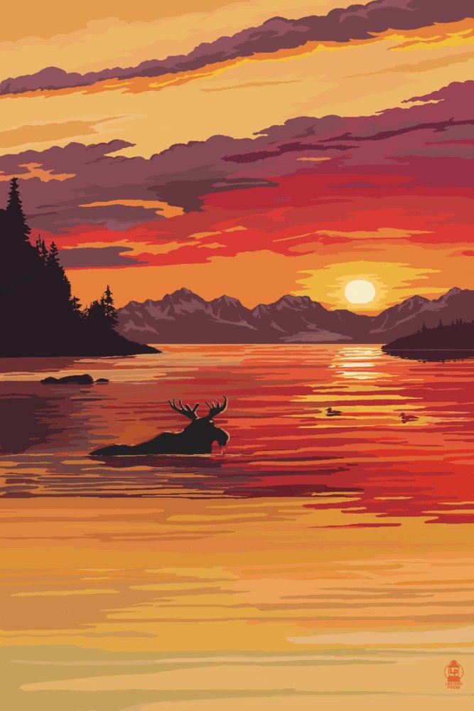 Stunning Moose at Sunset Giclee Art Print - 16x24 Inches Wall Decor, Travel Poster for Living Room, Bedroom & Office