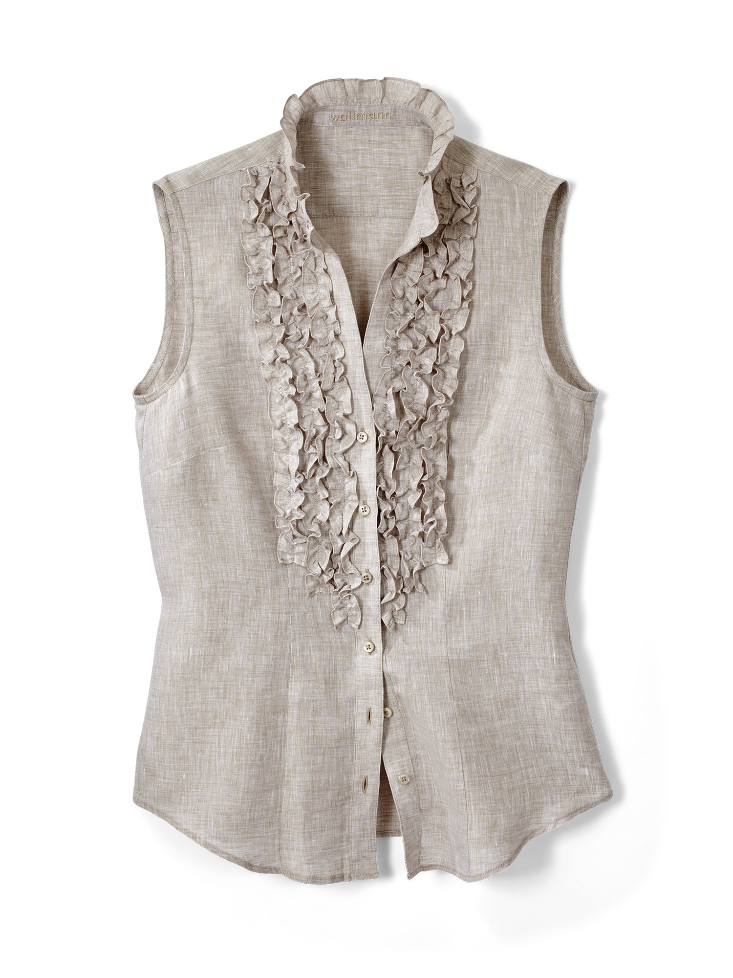 Carli Ruffle Sleeveless Linen Shirt for Women - Breathable Summer Blouse with Ruffled Neckline - Perfect for Beach Outings, Casual Wear & Office Attire